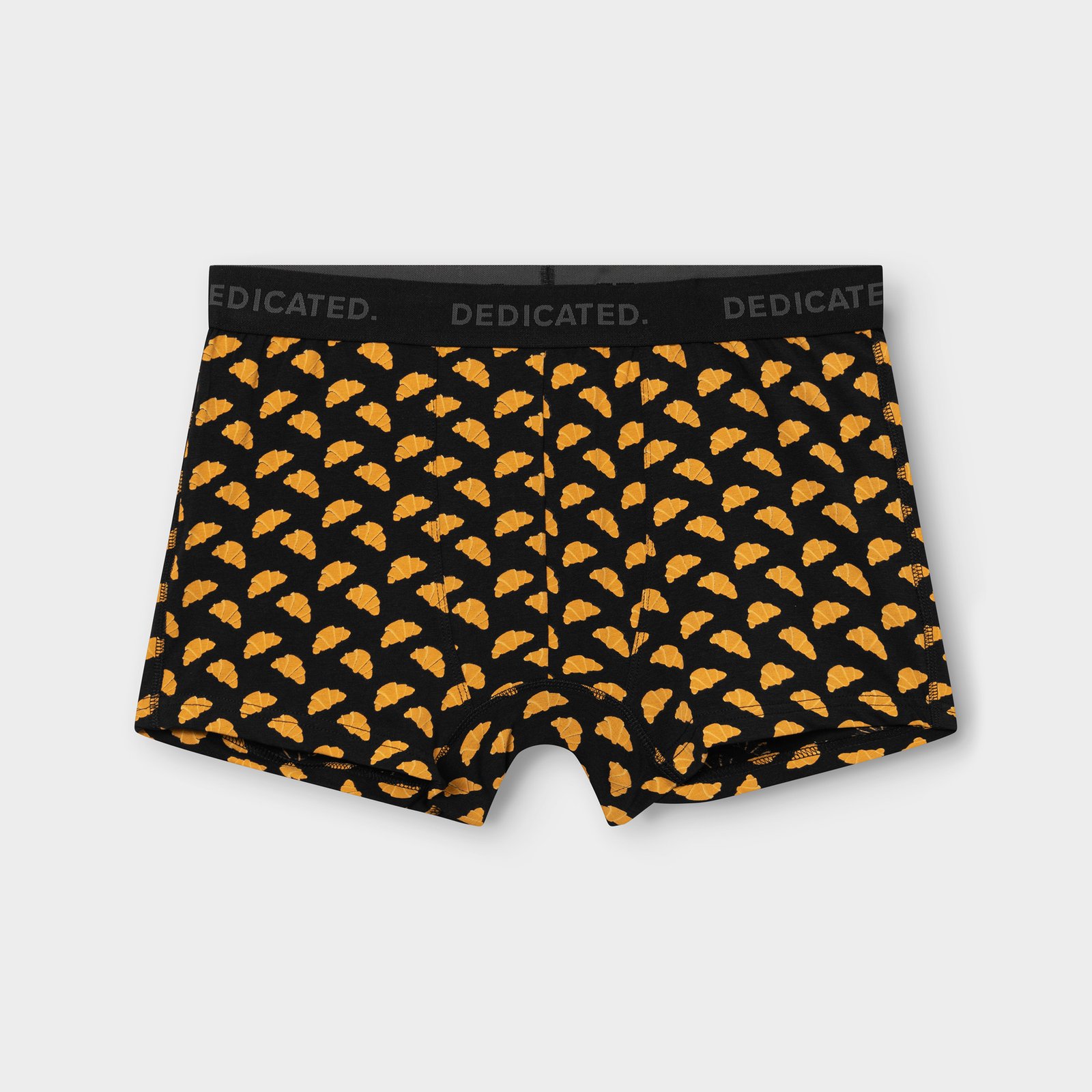 Men's boxer briefs in black, featuring a fun all-over croissant print and a black logo waistband.