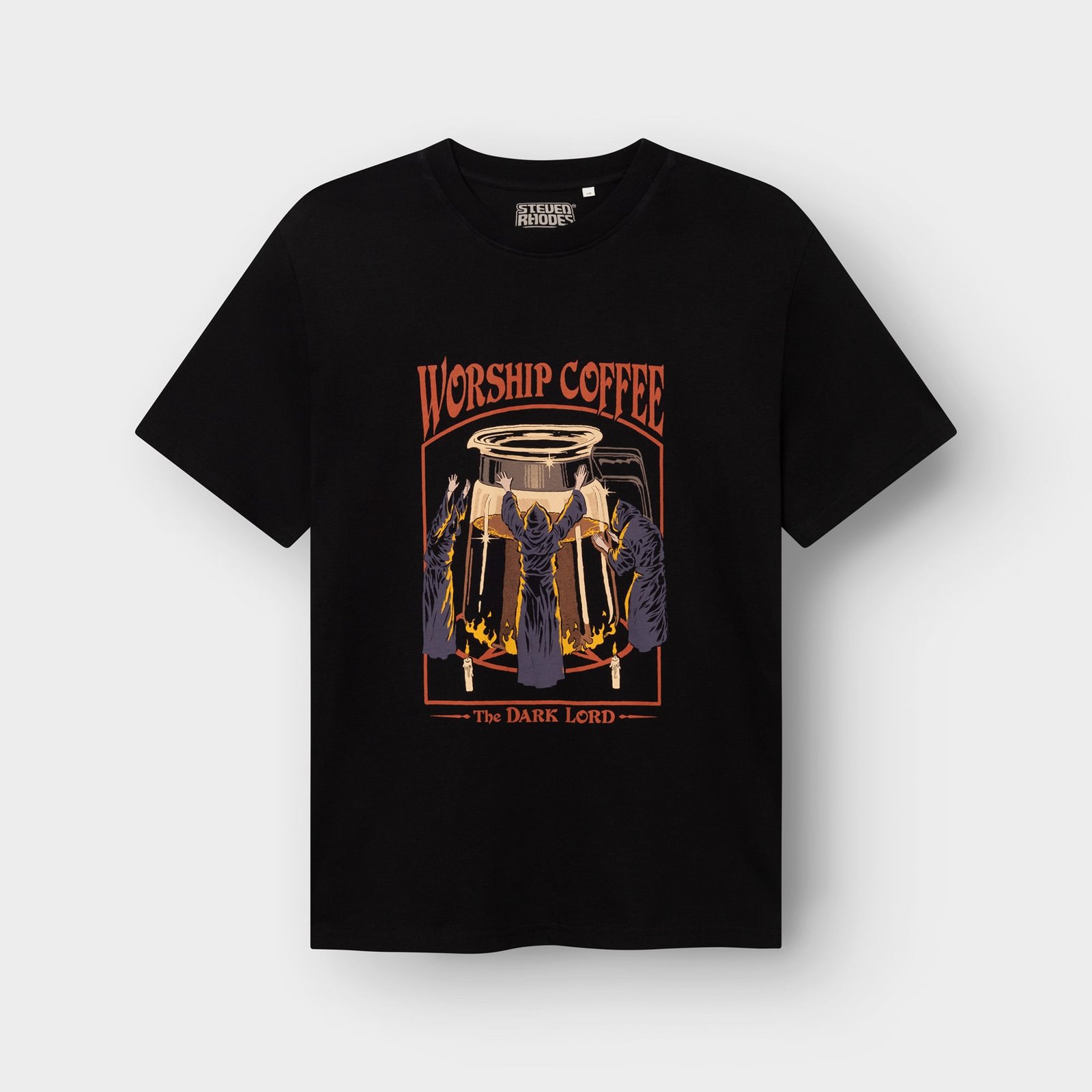 Studio shot of the black 'Worship Coffee' t-shirt by Steven Rhodes, laid flat on a light grey background.