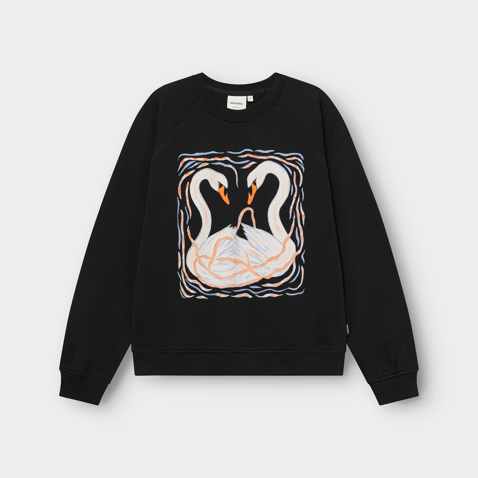 Studio shot of the black Ystad Painted Swans sweatshirt laid flat, showing the beautiful artistic print on the chest.