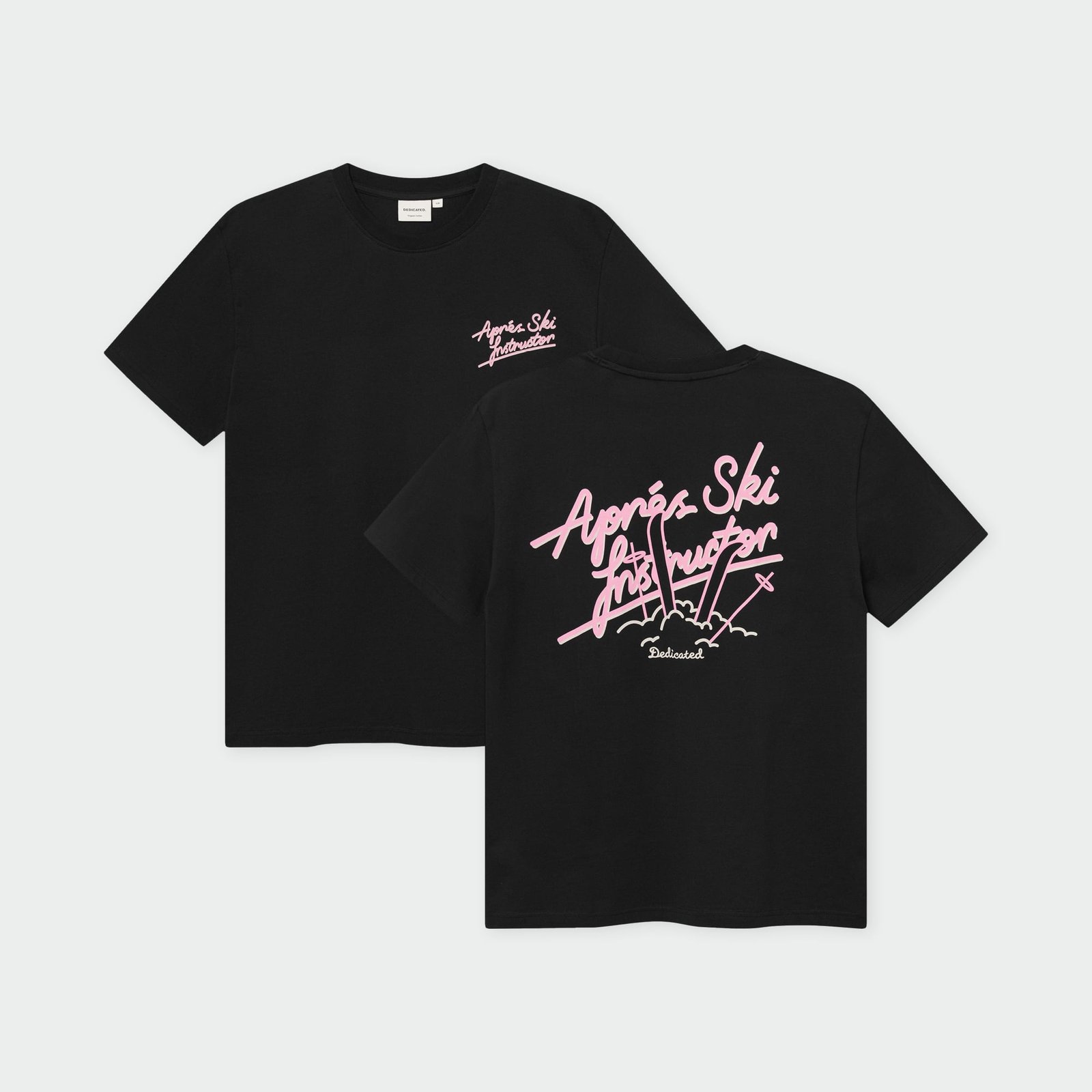 The Après Ski Instructor t-shirt in black, showing off its cool pink graphic on both the front and back.