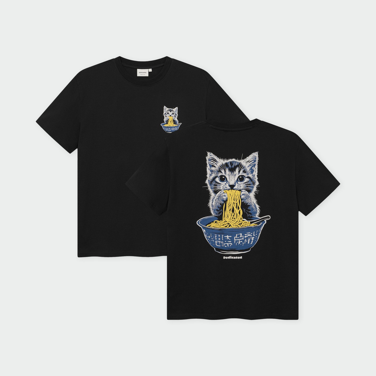 Front and back of the black Cat and Noodles t-shirt, with a cute kitten print on the chest and a large version on the back.