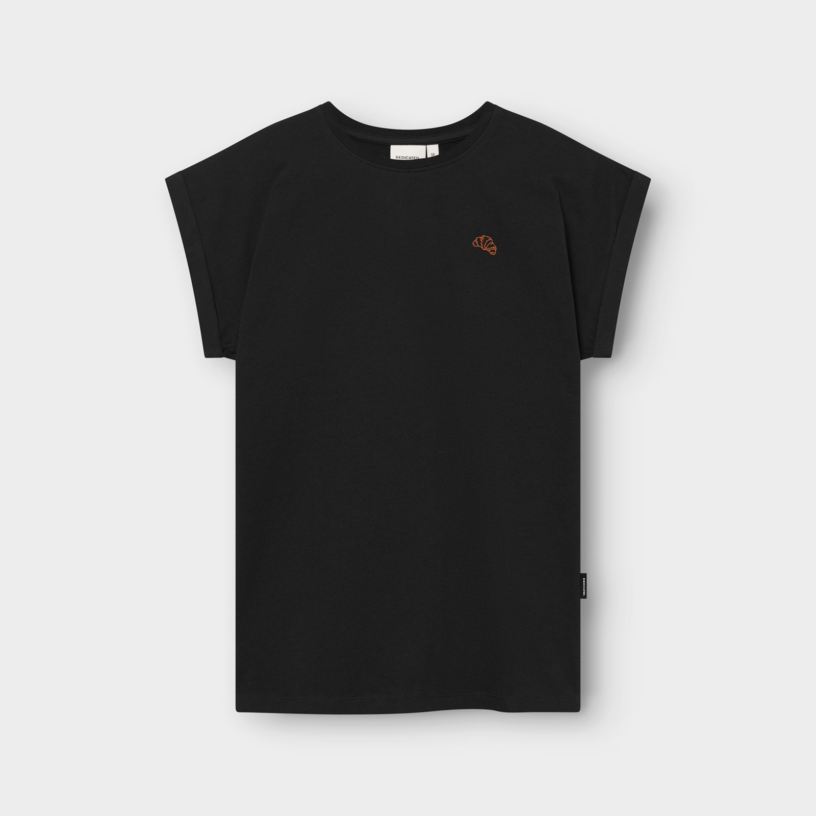 The Visby T-shirt in black, laid flat to show its classic folded sleeves and the cute croissant embroidery on the chest.