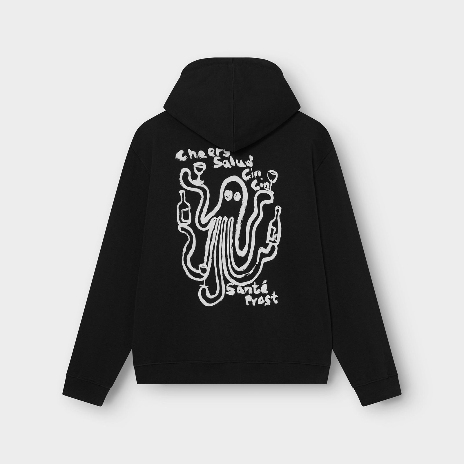 Back of the black Hoodie Falun, featuring a fun illustrated octopus raising glasses and bottles in a toast.