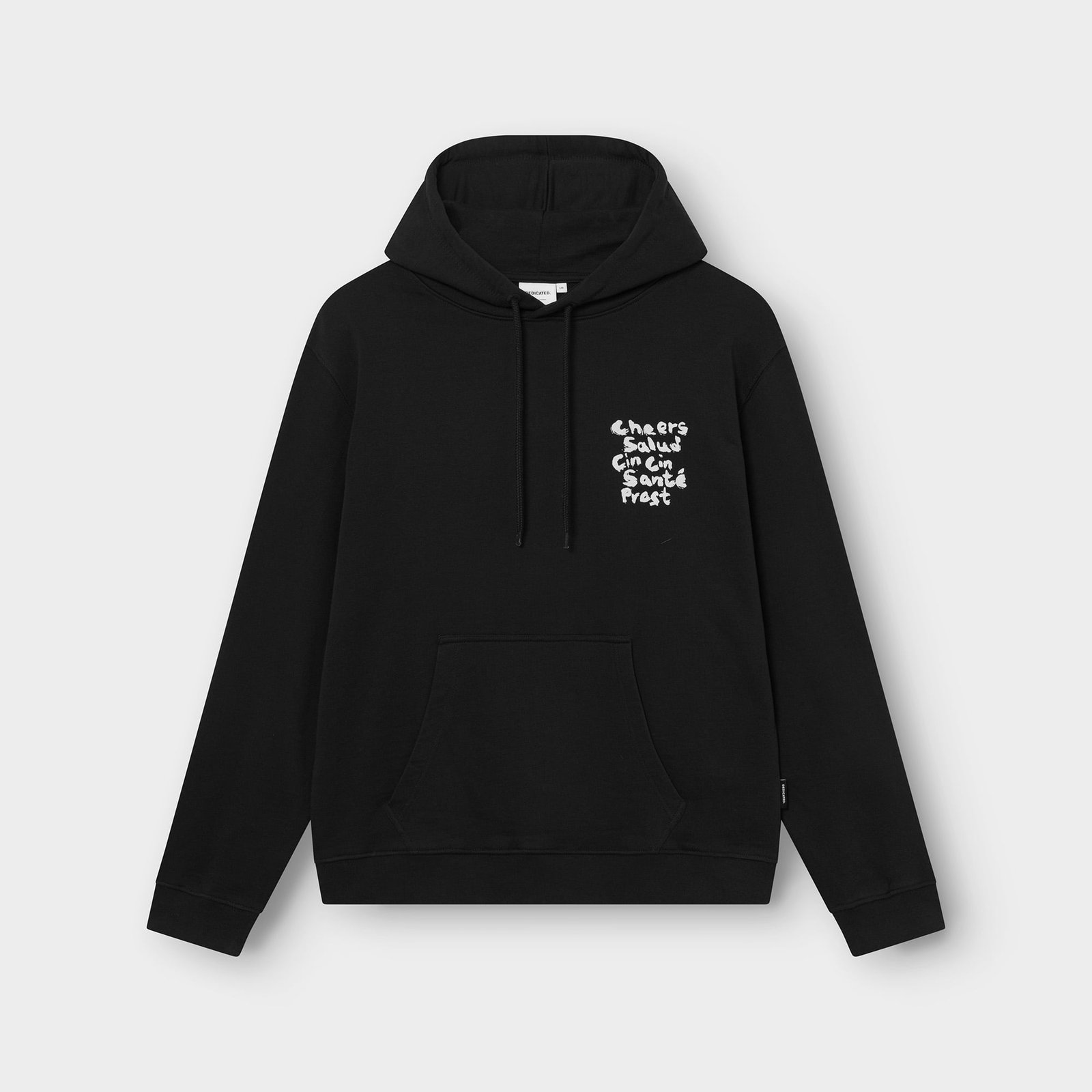 The black Hoodie Falun Cheers Salud shown flat, a classic hoodie with a fun print on the chest.