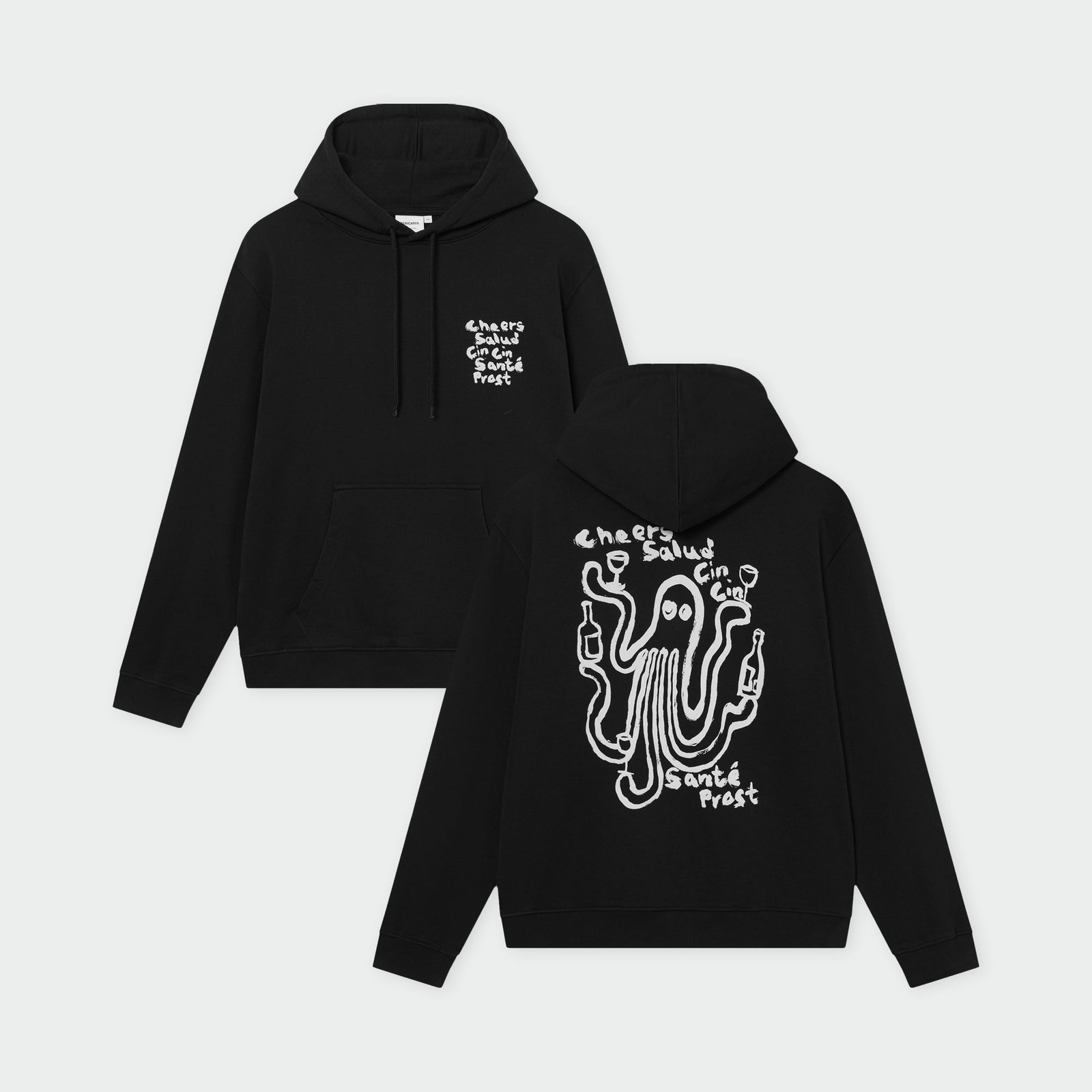 A black hoodie shown from the front and back, featuring a fun graphic of an octopus ready to toast with drinks.