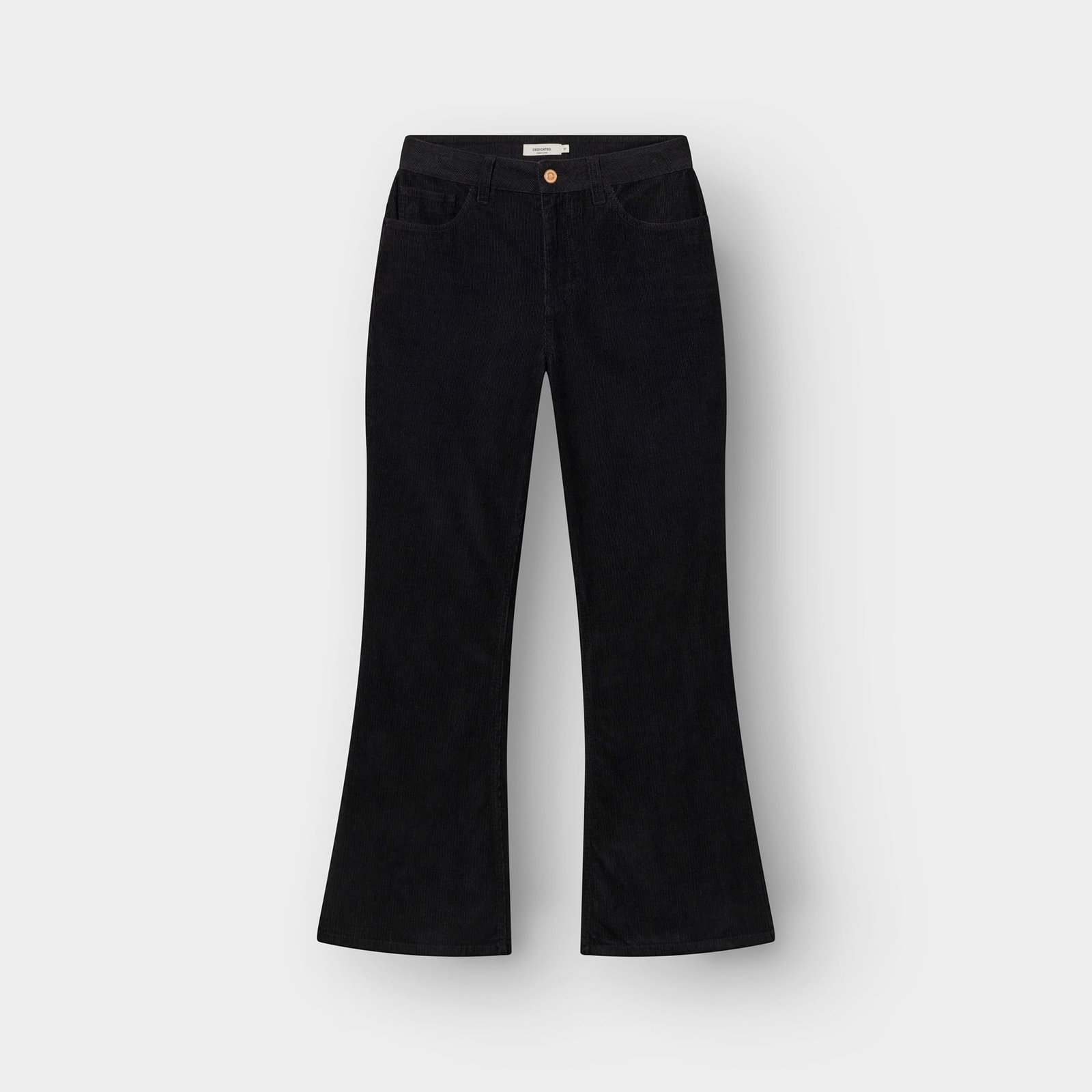Die schwarze Cordhose Ryda mit klassischem Bootcut-Schnitt, flach liegend.
