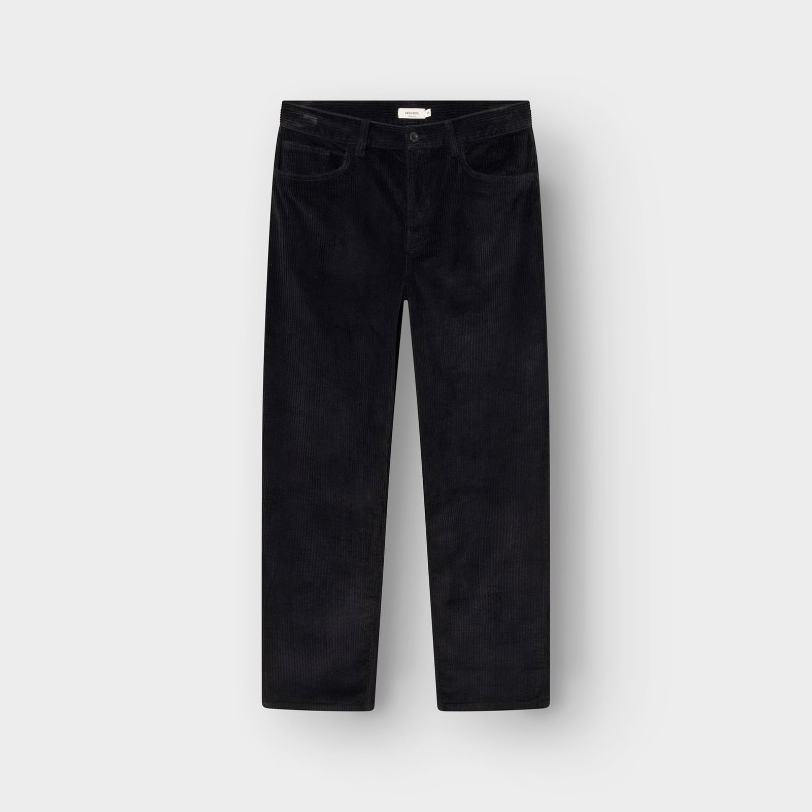 Studio shot of the Pants Hamburg Corduroy in black, laid flat to show the relaxed silhouette.