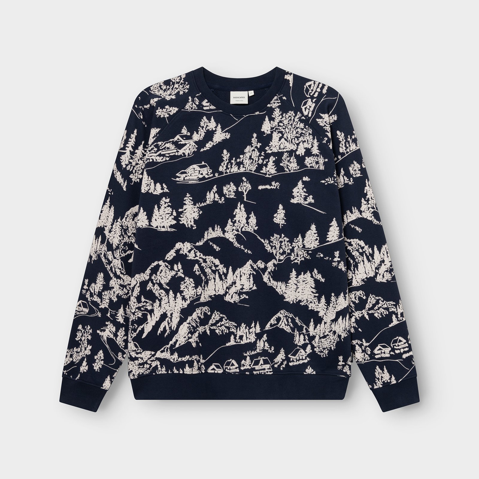A flat lay of the navy blue Malmoe sweatshirt, covered in an off-white, all-over print of a mountain landscape.