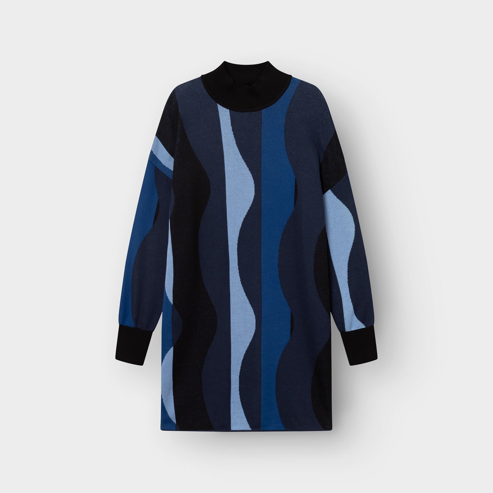 Flat lay of the Nikkala dress, a long-sleeved knitted style with a high neck and bold wavy stripe pattern in blue and black.