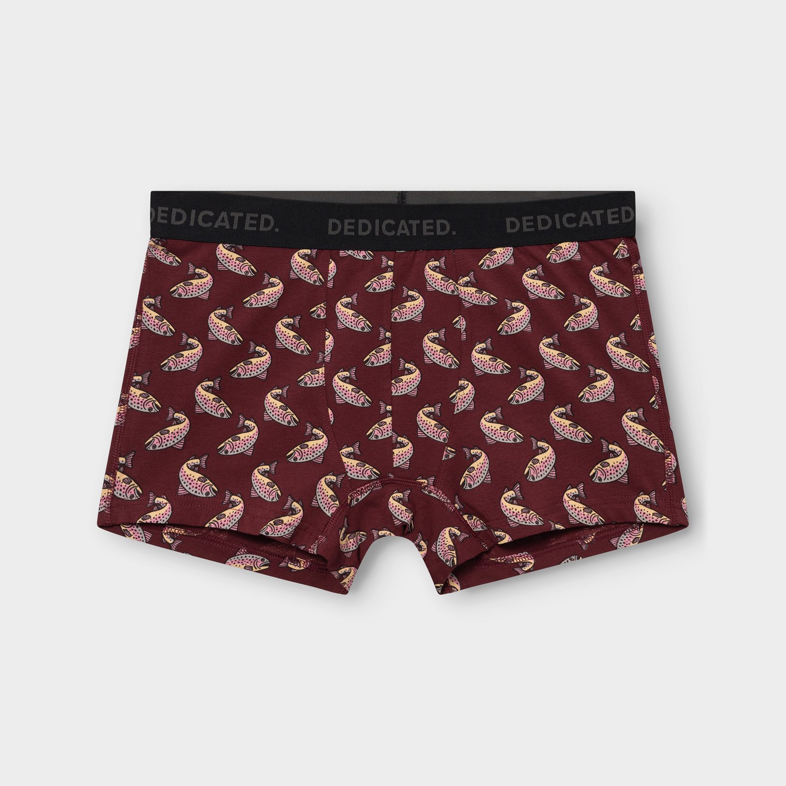Front view of the Boxer Briefs Kalix in burgundy, featuring a playful all-over trout print and black logo waistband.