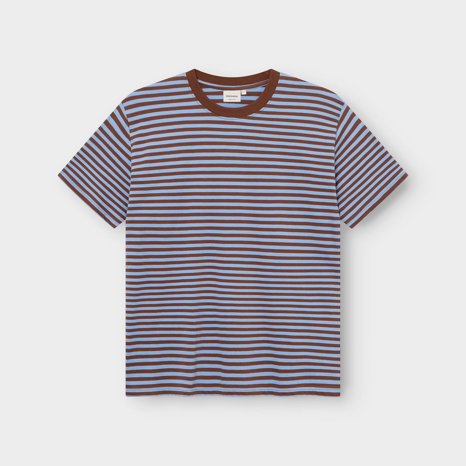 The T-shirt Stockholm Stripes in Cappuccino Brown and Cornflower Blue, photographed flat against a light grey background.