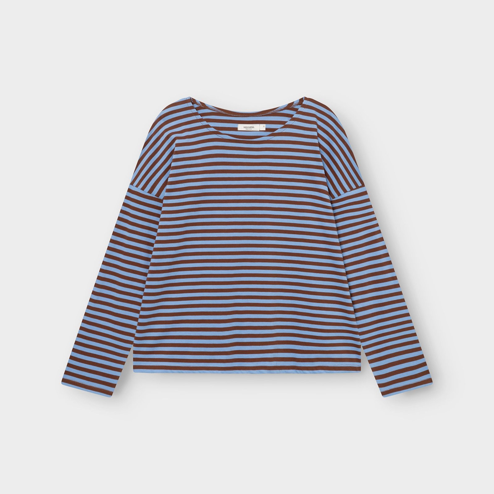 Studio shot of the Top Humledal Stripes in Cappuccino Brown and Cornflower Blue, a loose fit, long-sleeved t-shirt.
