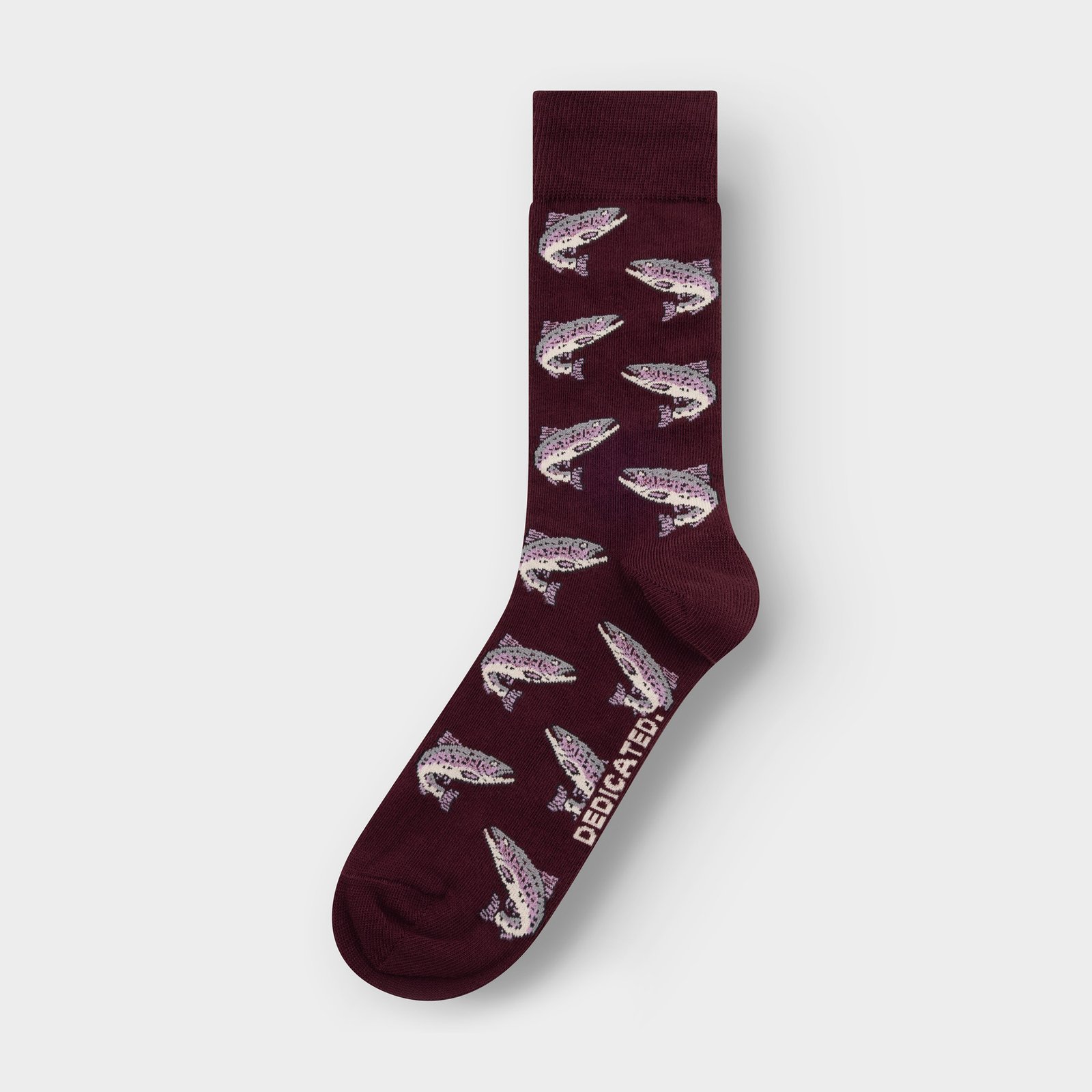 Our classic Sigtuna sock in a deep fig color, brought to life with a playful pattern of swimming trout.