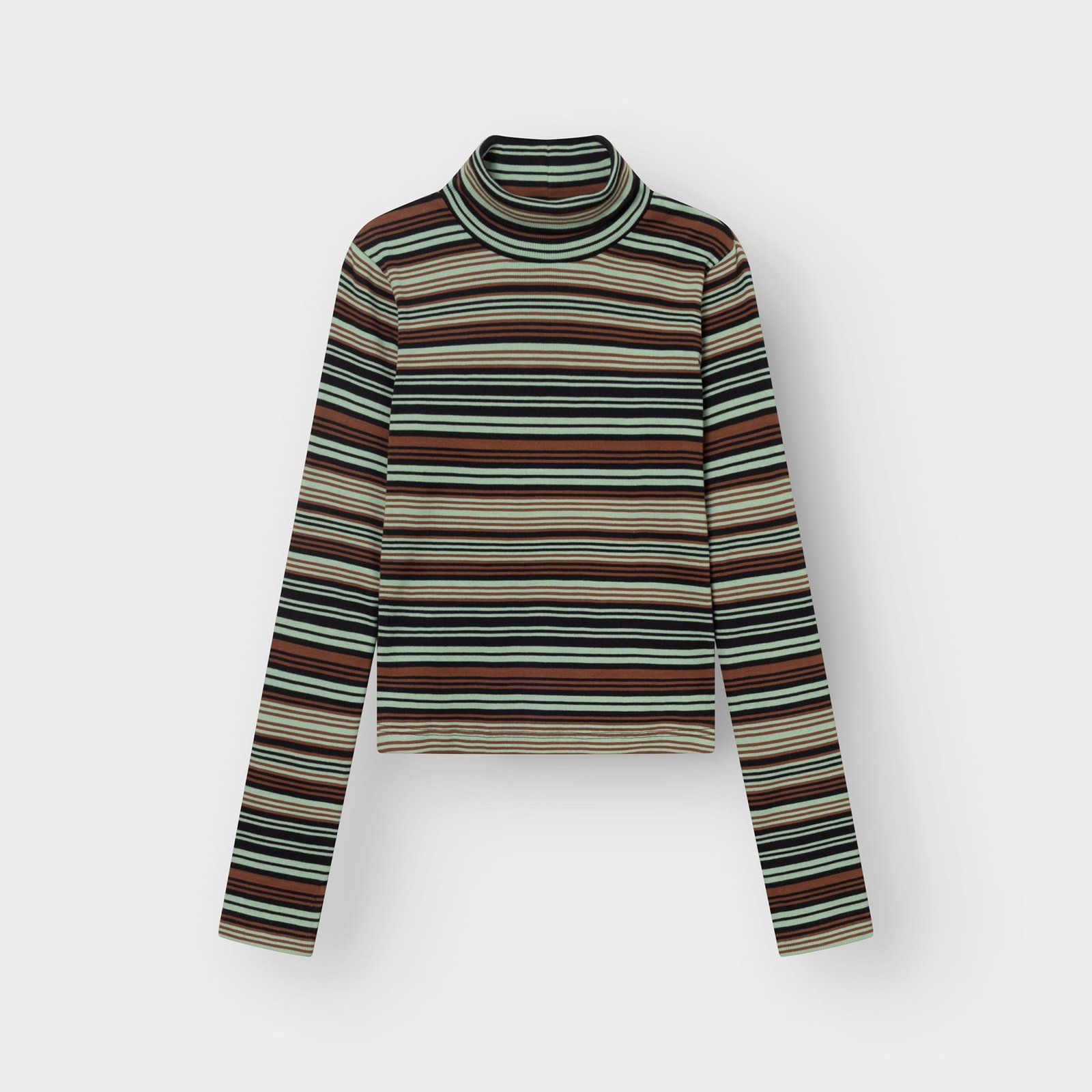 Studio shot of the Rib Top Malma turtleneck in an irregular stripe pattern with shades of green, brown, black and off-white.