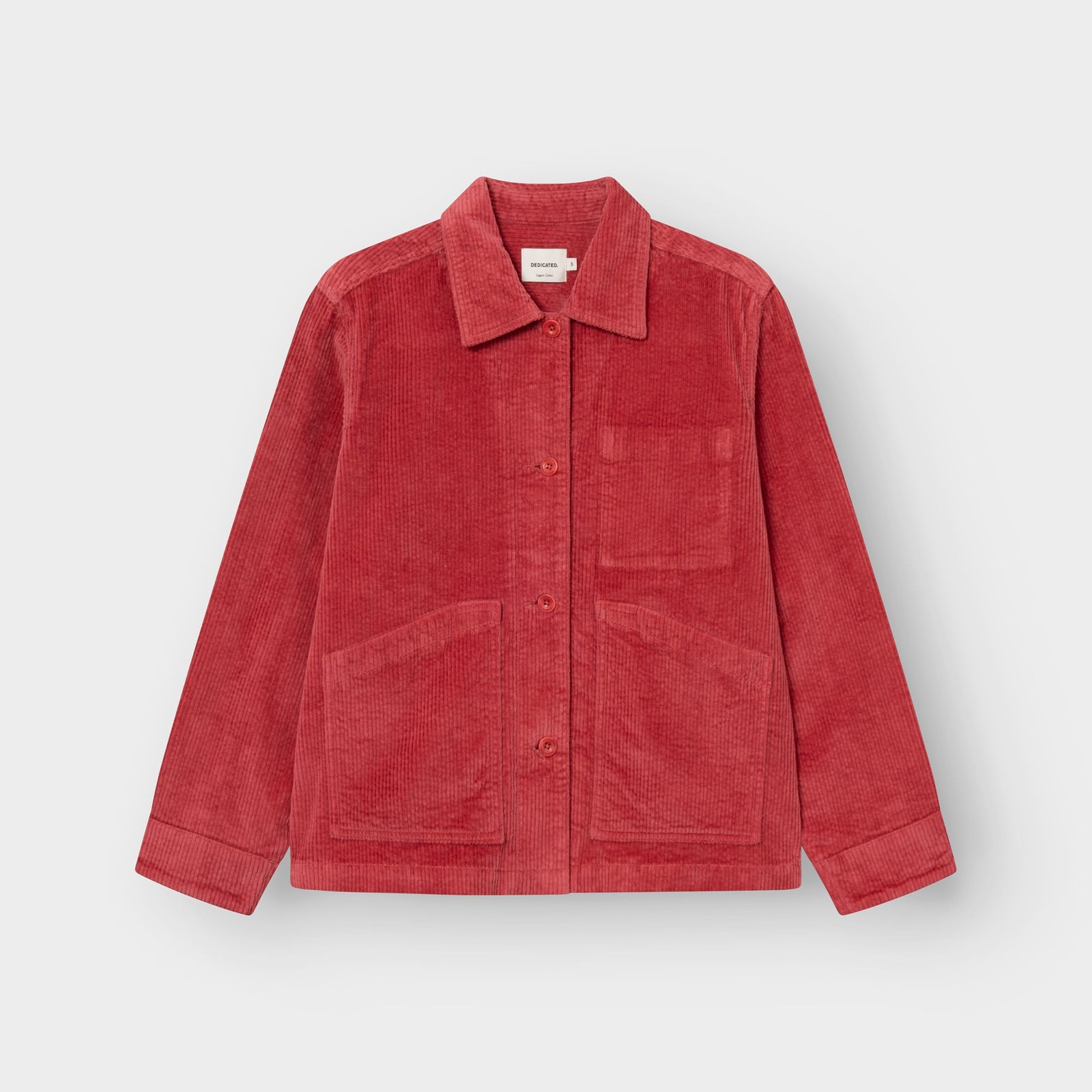 Front view of the Dedicated Stiby Corduroy Jacket in Holly Red, laid flat on a light grey background.