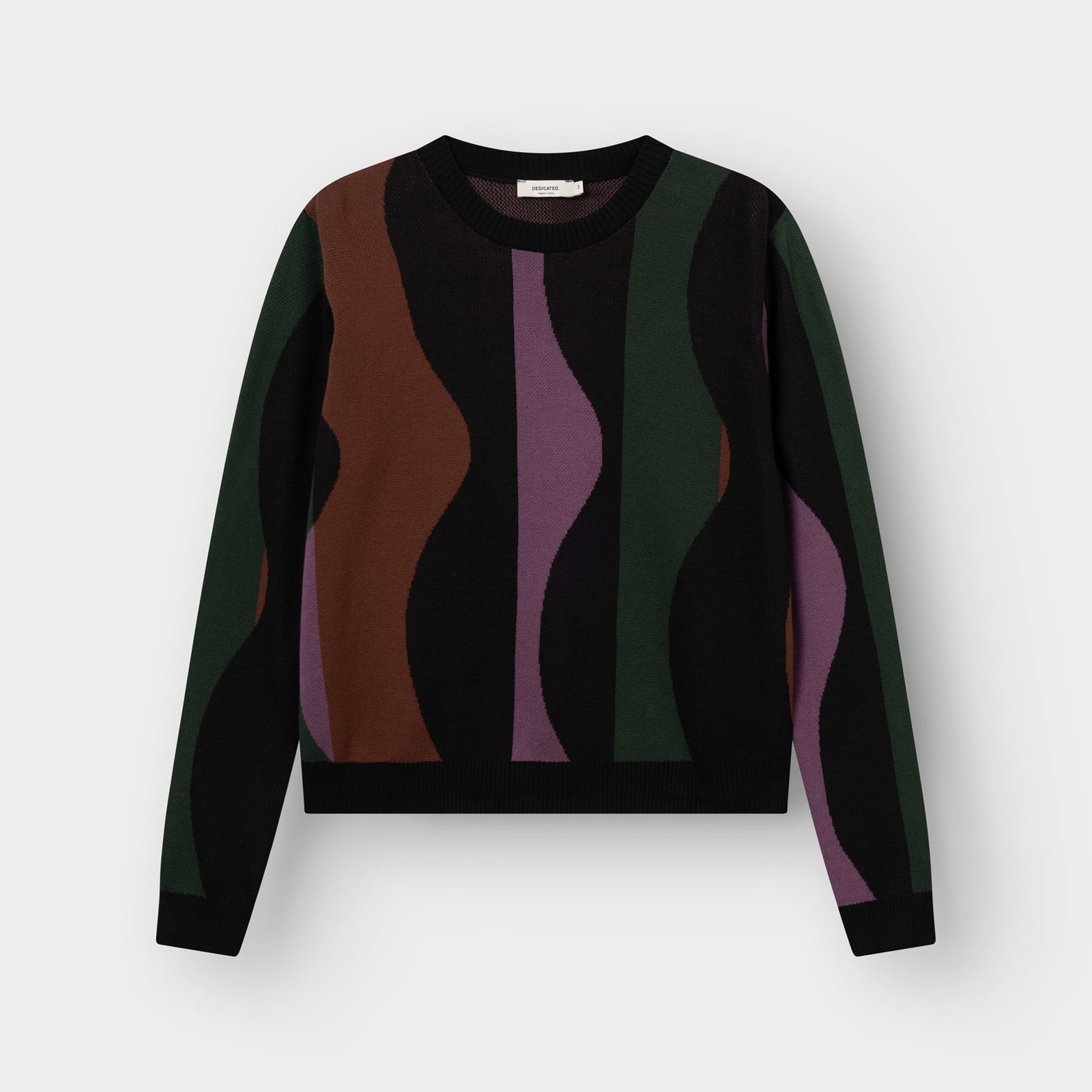 Studio shot of the Sweater Arendal, featuring a vertical wavy stripe pattern in brown, purple, and green on a black base.
