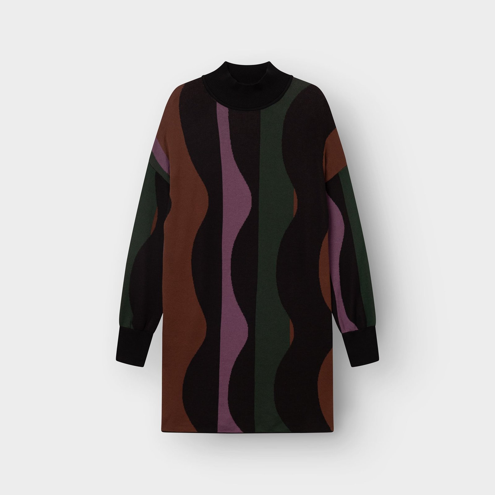 Flat lay of the Nikkala knitted dress in Wavy Stripe Multi Color, featuring a fun pattern in black, green, brown and purple.