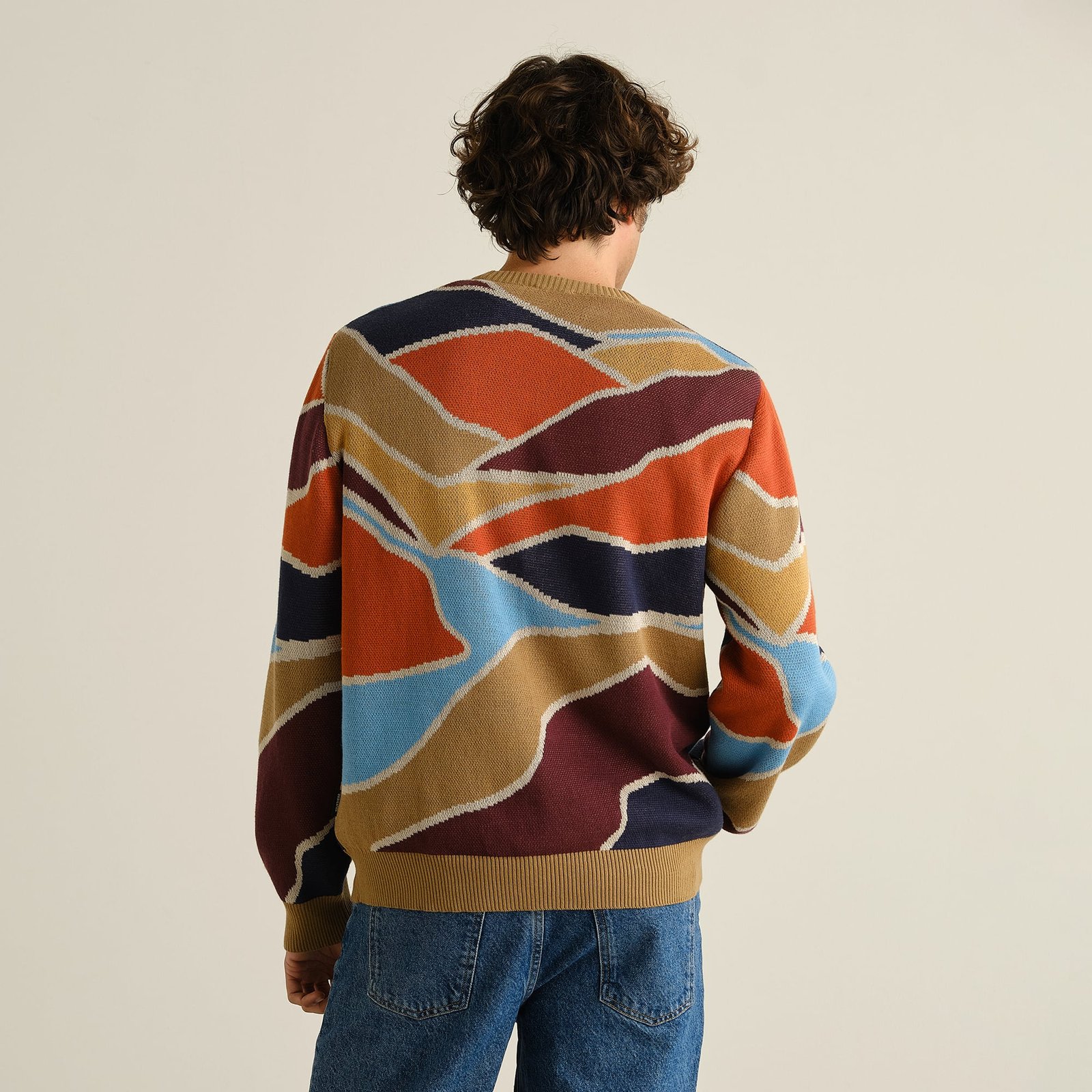 Model seen from behind wearing the Sweater Mora Patch Valley, showing off its colorful and abstract jacquard knit pattern.