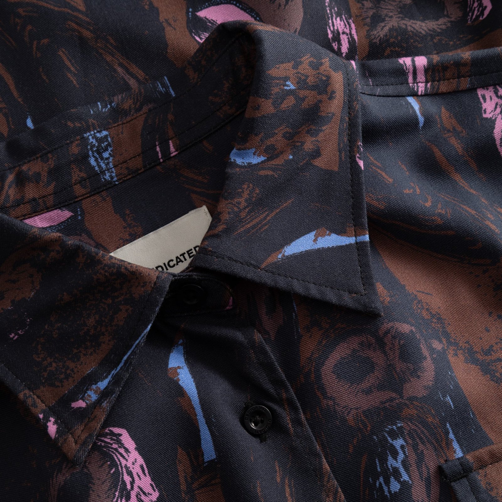 A close-up of the Kvilla Shirt Dress in the Owls Multi Color print, focusing on the collar and fabric detail.