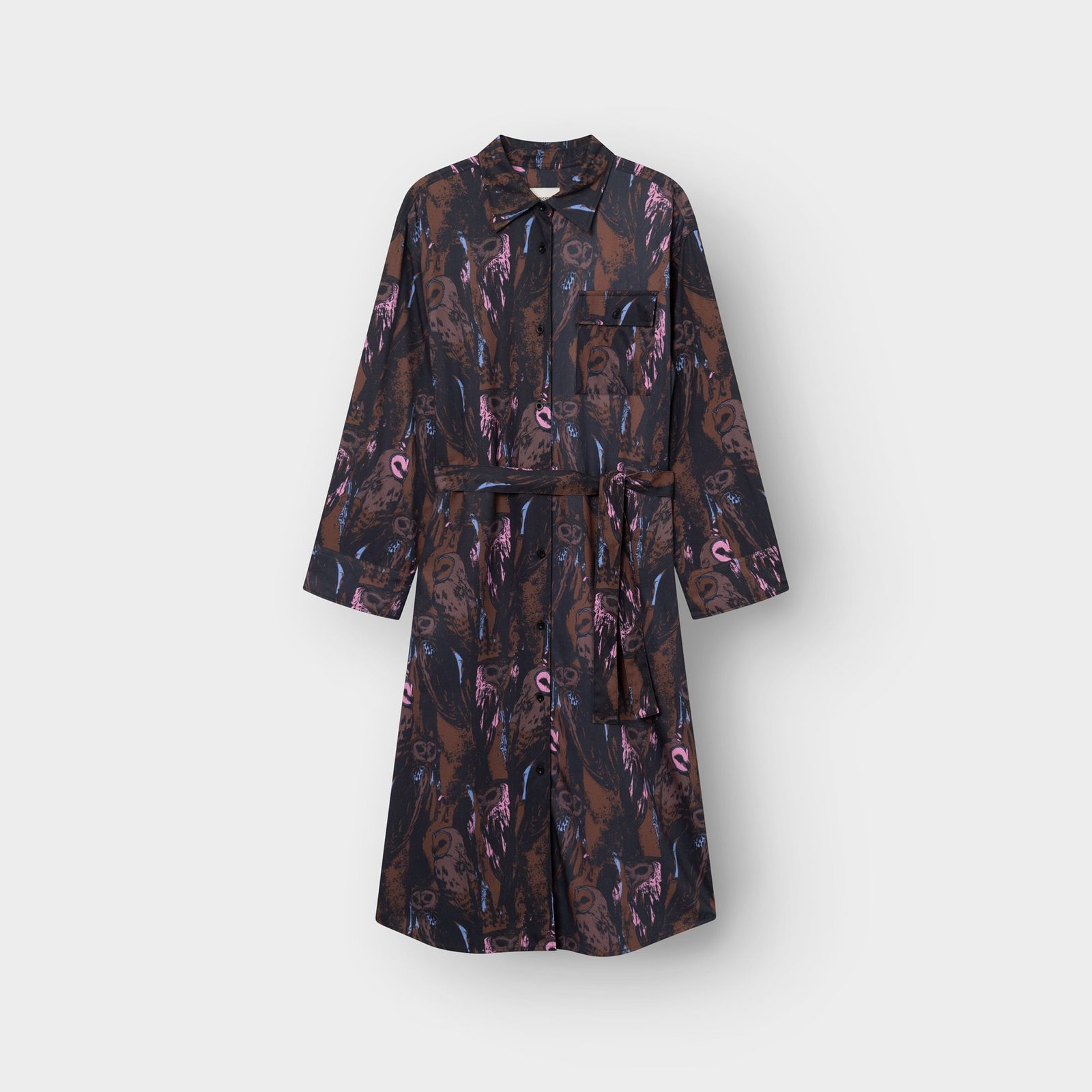 The Kvilla Shirt Dress in the Owls Multi Color print, photographed from the front against a studio background.