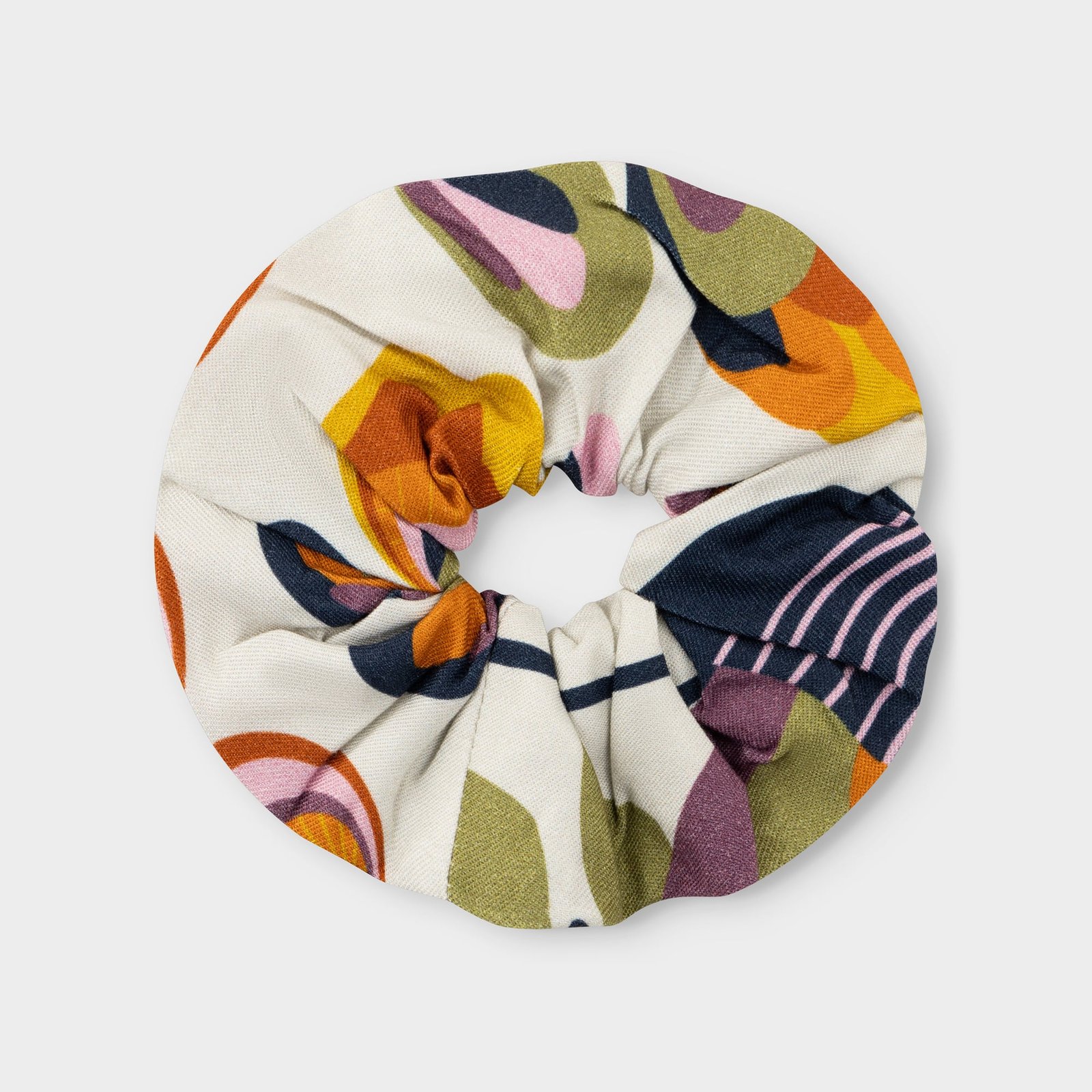 Close-up of the Scrunchie in the colorful Autumn Harvest print, shown against a light grey background.