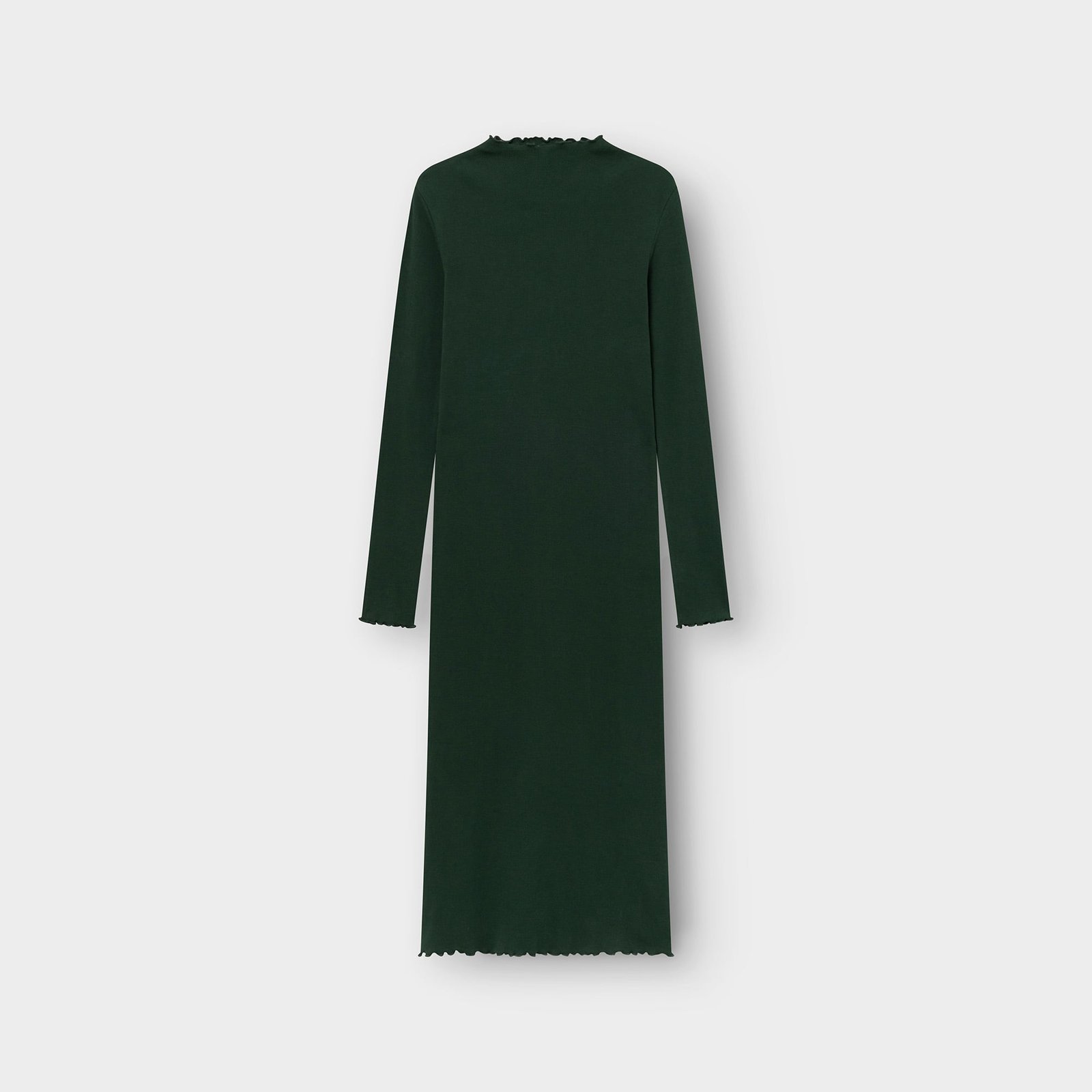 Back view of the long-sleeved Rib Dress Lofta in dark green, featuring delicate lettuce edges. Photographed flat.