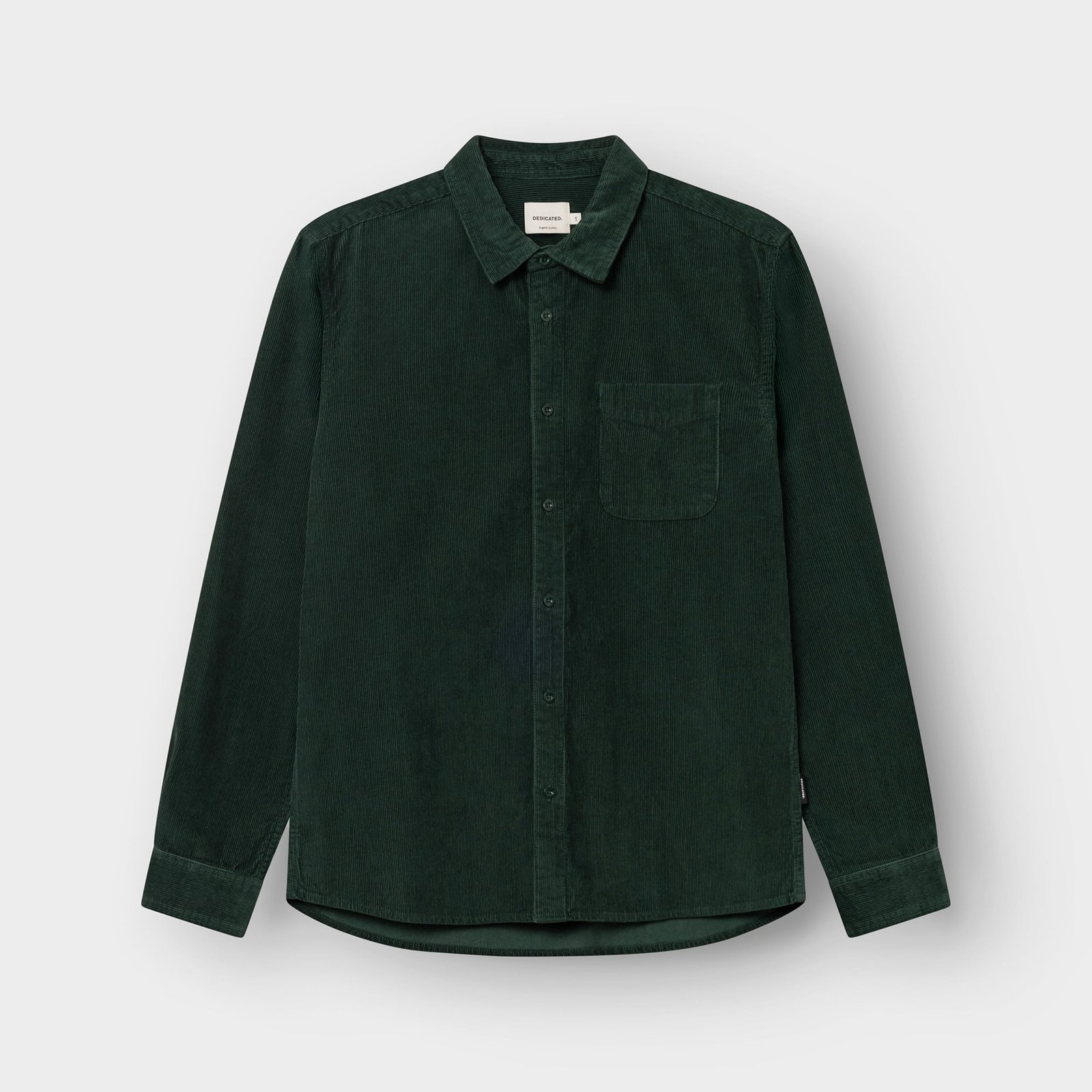 Studio photo of the Shirt Varberg Corduroy in Dark Green, laid flat.