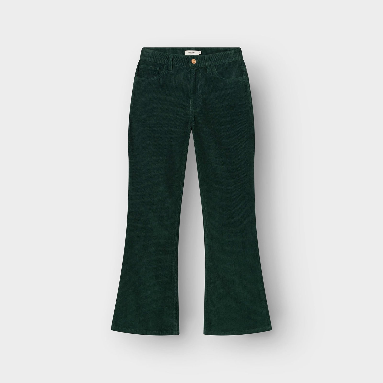 The Ryda pants in dark green corduroy, shown from the front to highlight the flattering bootcut fit.