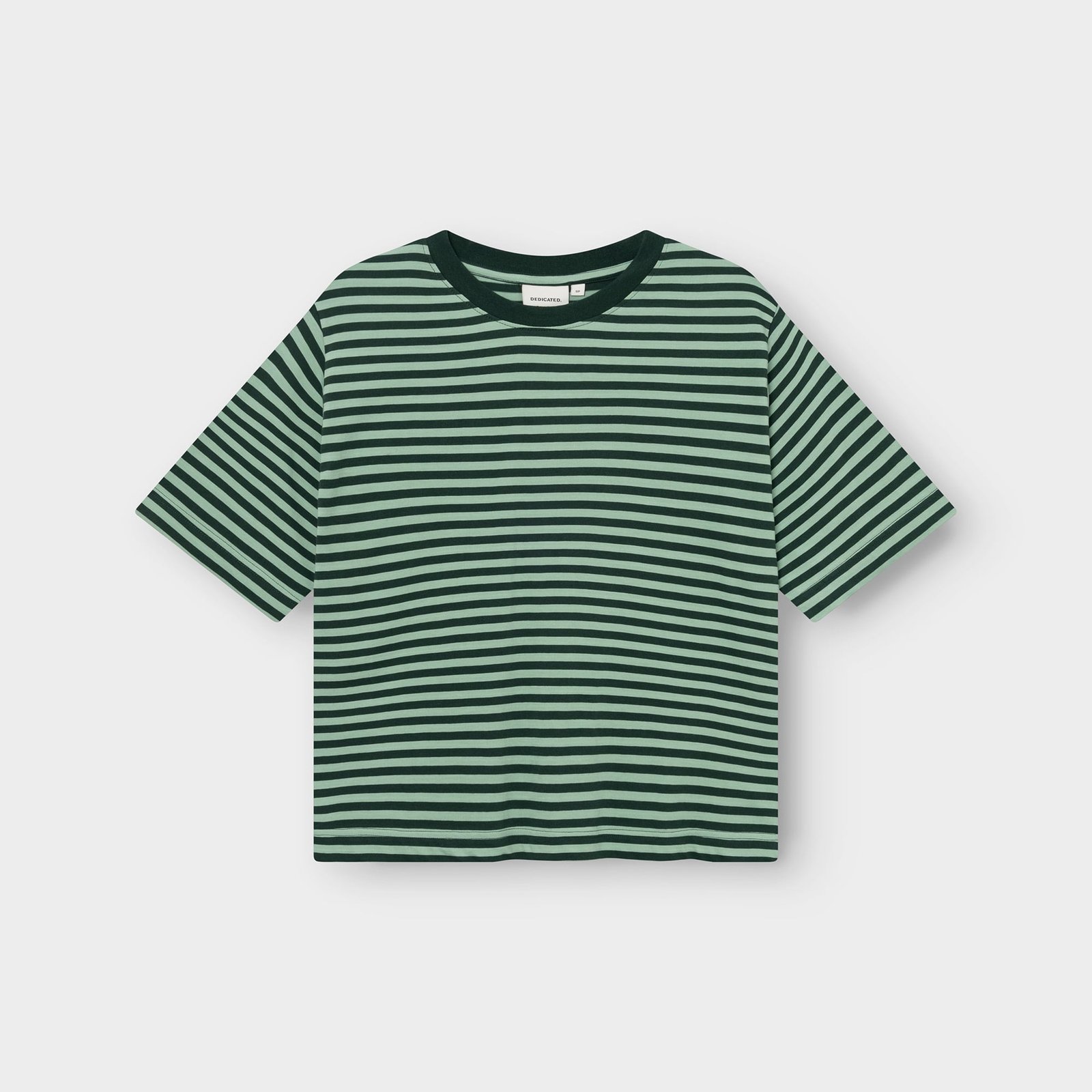 A flat lay of the Dedicated Vadstena T-shirt in a timeless dark green and granite green striped pattern.