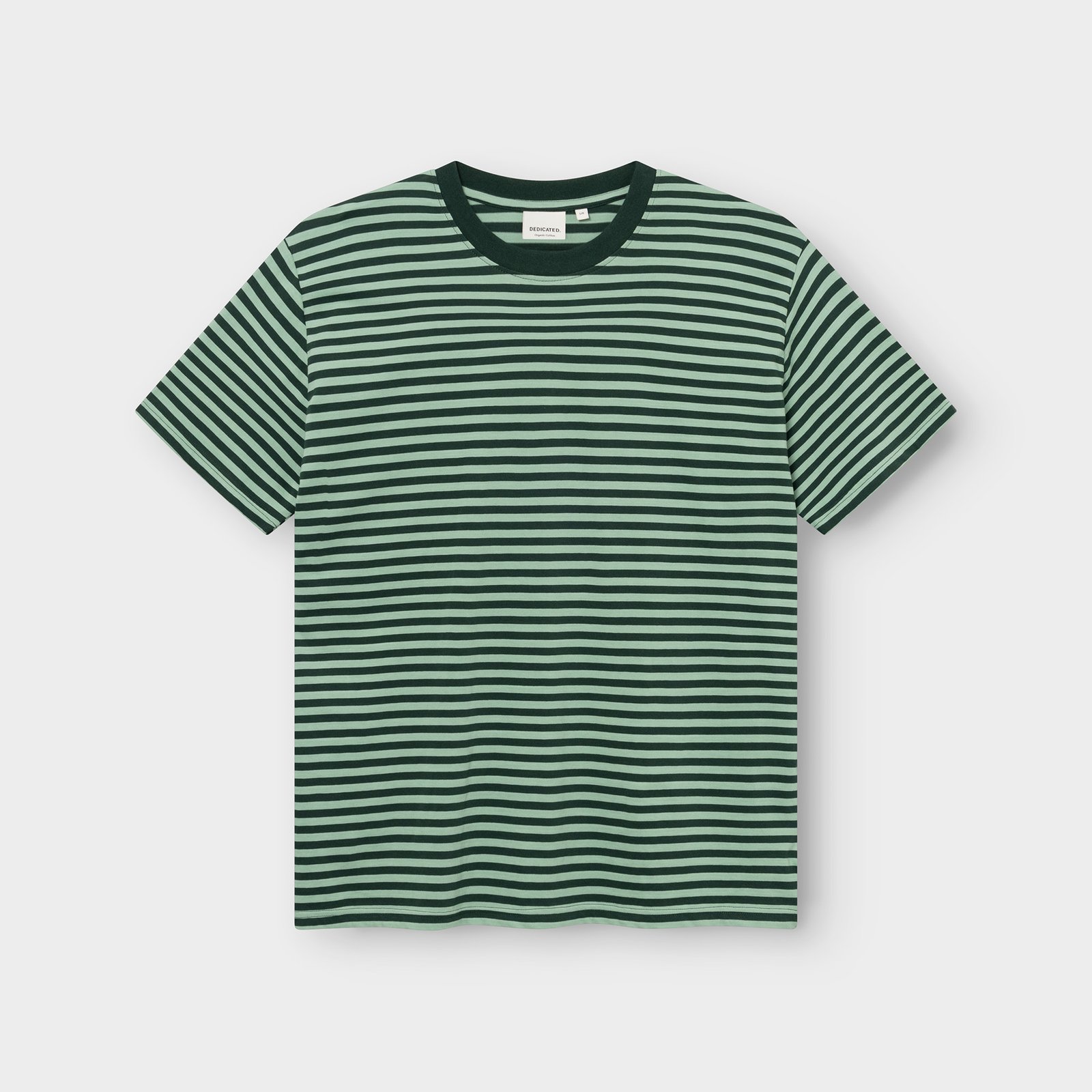 Studio photo of the Stockholm T-shirt in Dark Green and Granite Green stripes, laid flat.
