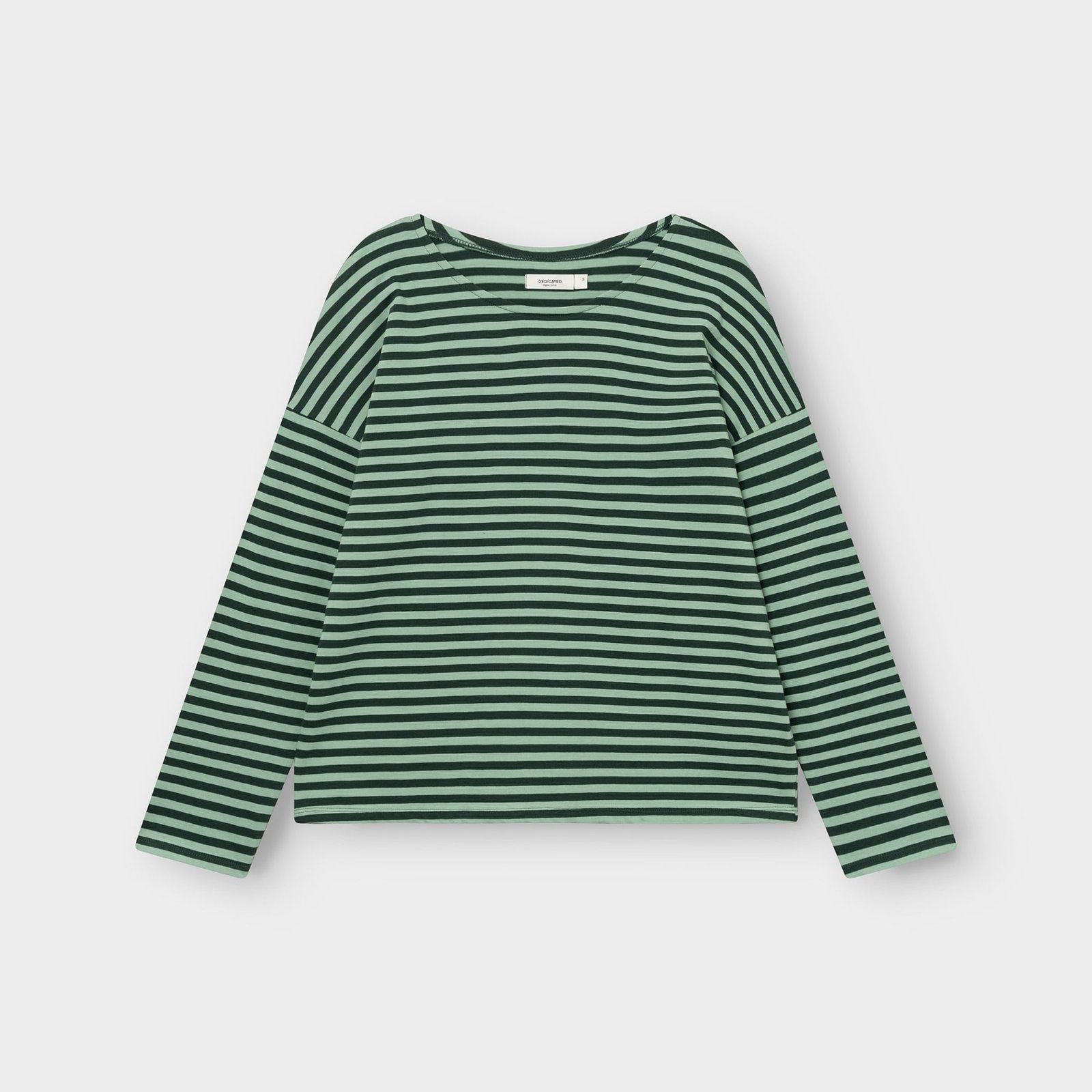 The Humledal long-sleeved top with dark green and granite green stripes, pictured flat against a light grey background.