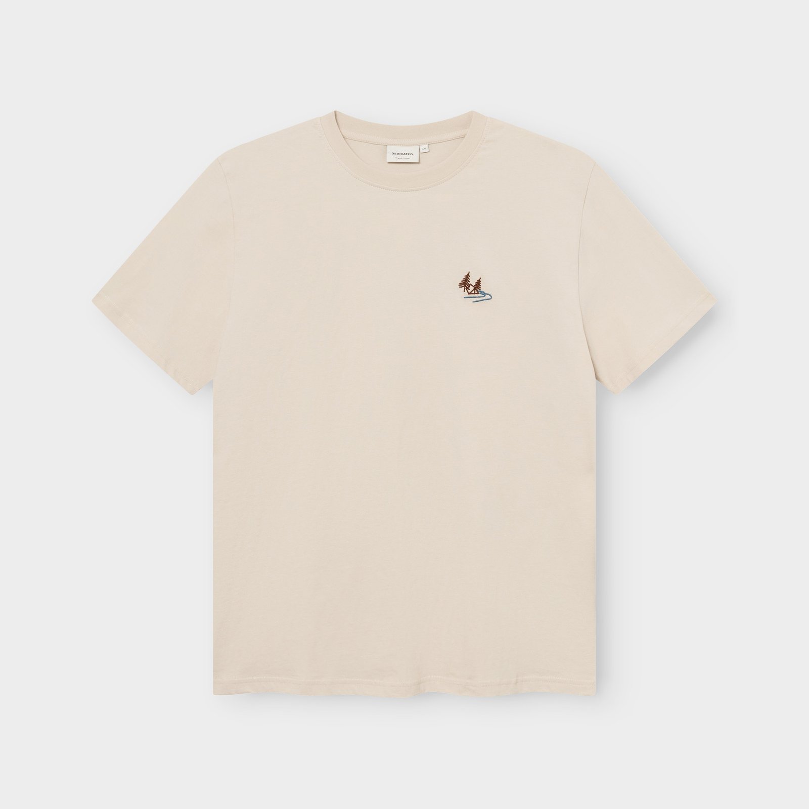 Front view of the T-shirt Stockholm in Oat White, laid flat, with a small embroidered Camp Creek graphic on the chest.