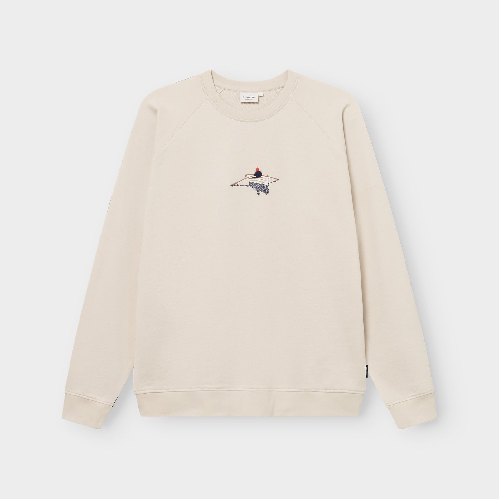 Studio shot of the classic Sweatshirt Malmoe in Oat White, featuring a charming embroidered rowing boat on the chest.
