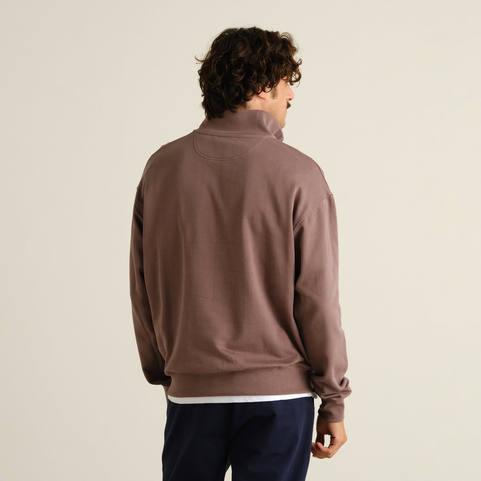 Back view of a man wearing the relaxed-fit Half Zip Sweatshirt Sandvalla in Sparrow Brown against a studio background.