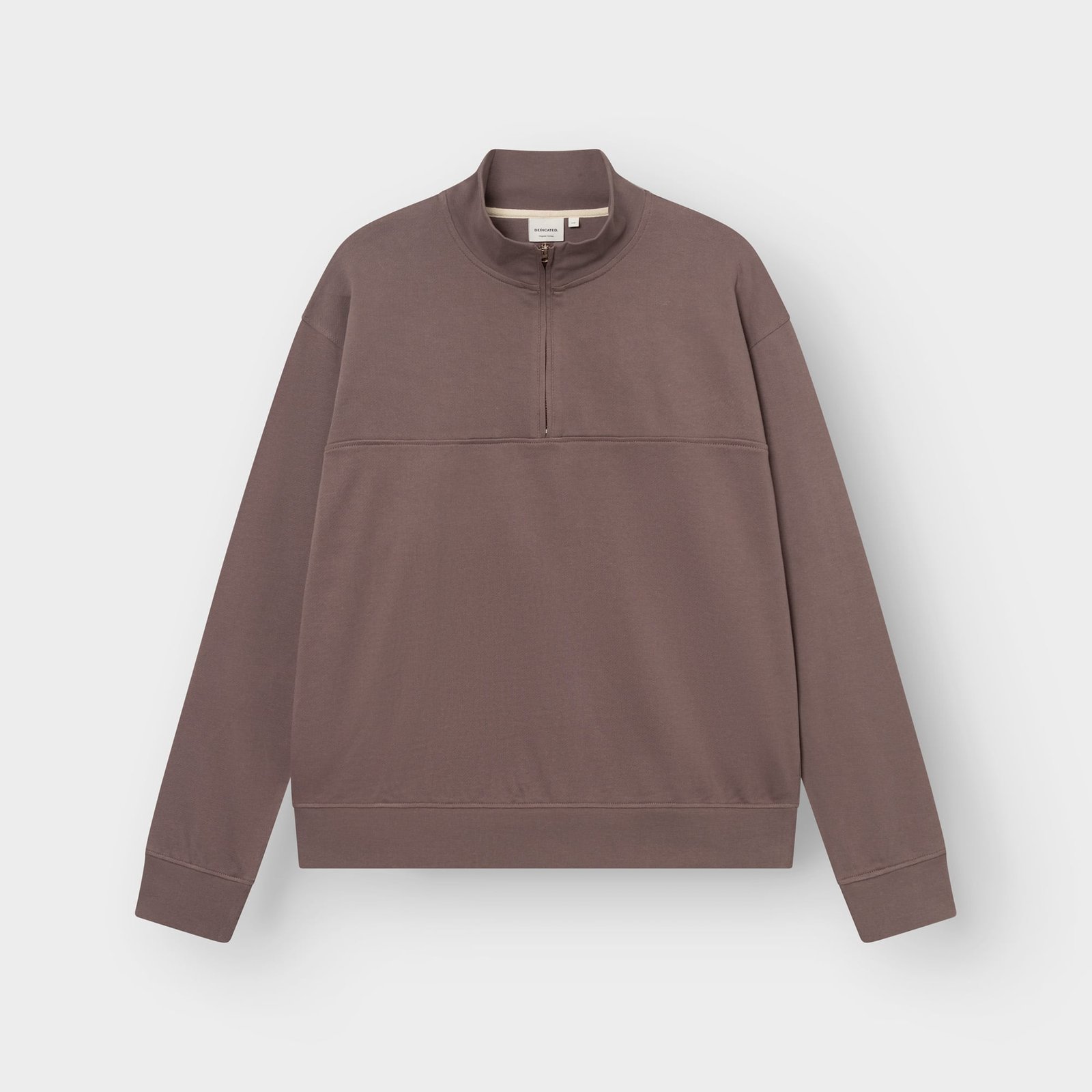Studio shot of the Dedicated Half Zip Sweatshirt Sandvalla in Sparrow Brown, laid flat.