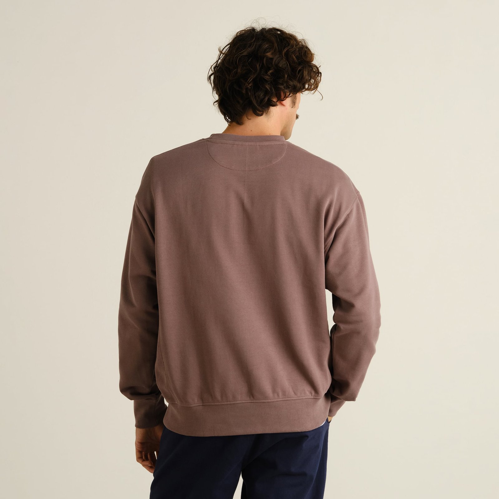 Model from the back wearing the Dedicated Sweatshirt Bettna in Sparrow Brown, showing off its relaxed silhouette.