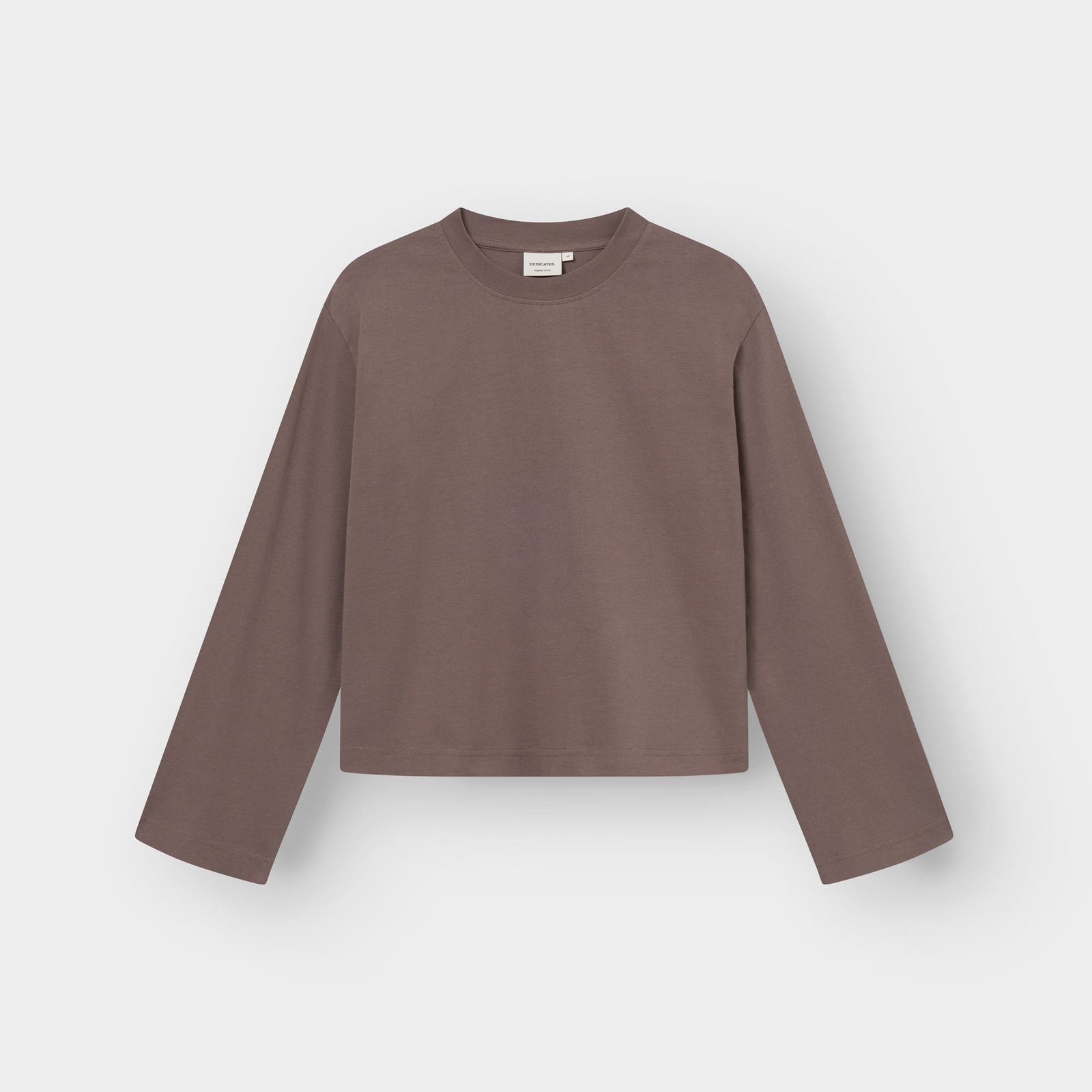 Studio shot of the Vreta long-sleeved t-shirt in Sparrow Brown, a relaxed fit top with wide sleeves.
