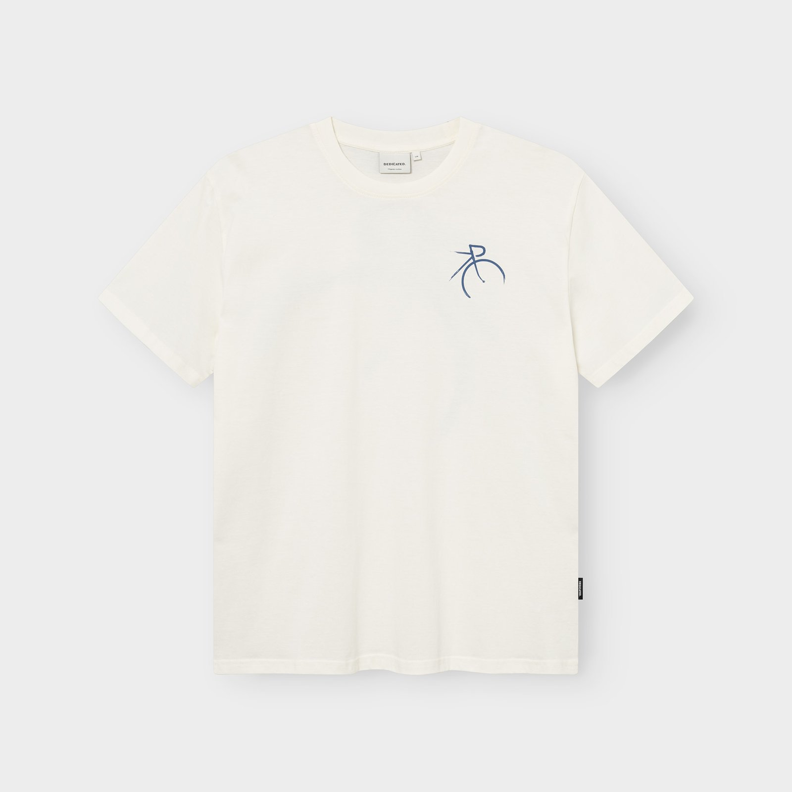 Front view of the off-white Stockholm t-shirt with a minimalist blue bicycle print on the chest.