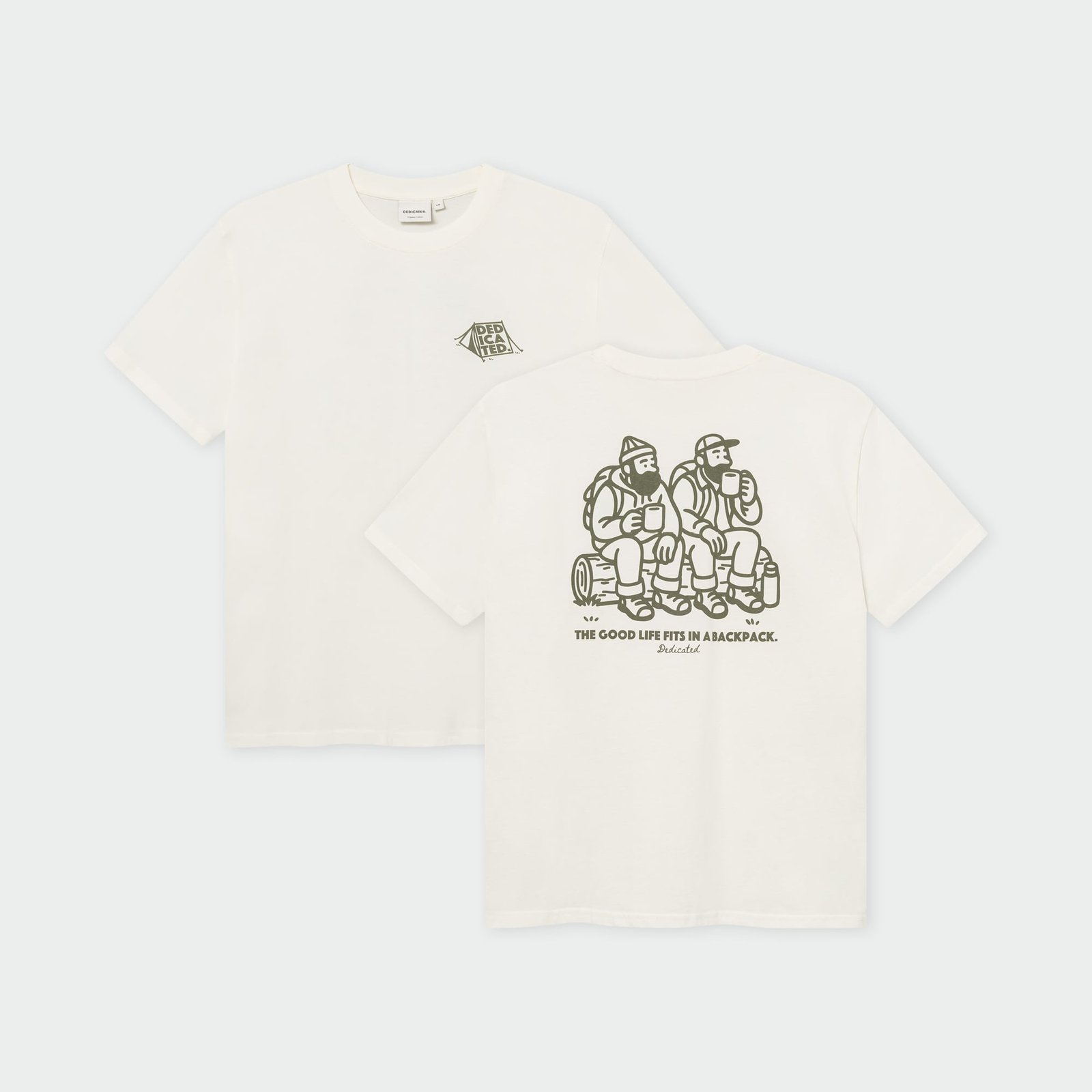 Flat lay of the off-white Stockholm Camp Crew T-shirt, showing the front logo and the back print of two friends camping.