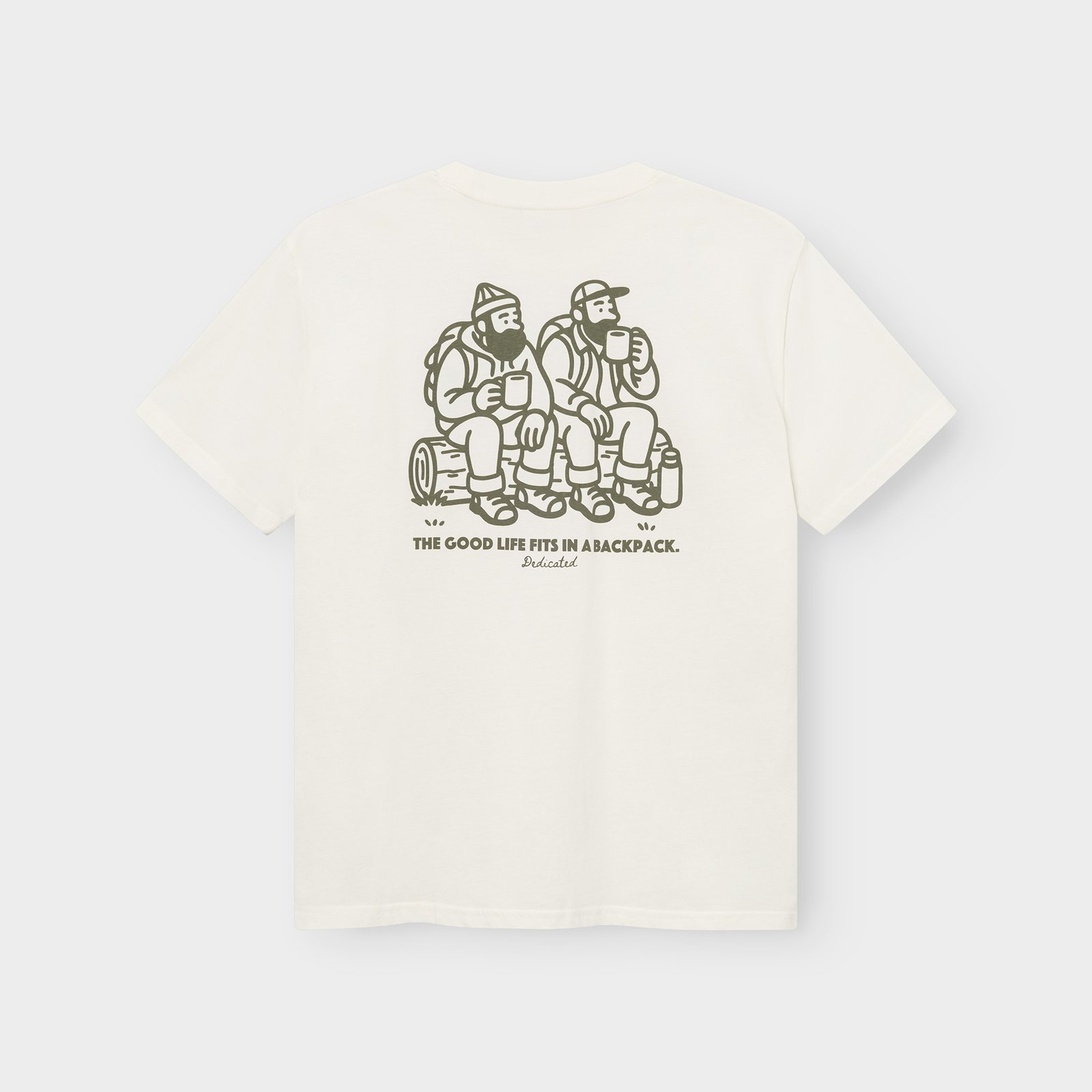 Back of the off-white Stockholm tee, with a print of two hikers on a log and the text 'The good life fits in a backpack'.
