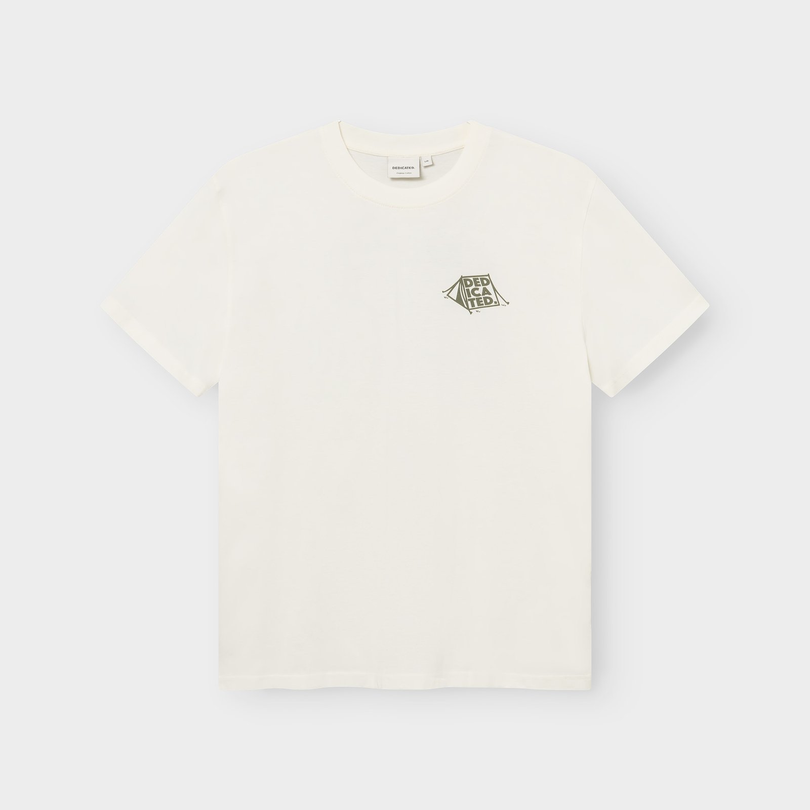 A flat lay of the Stockholm Camp Crew t-shirt in off-white, featuring a small, printed camping tent graphic on the chest.