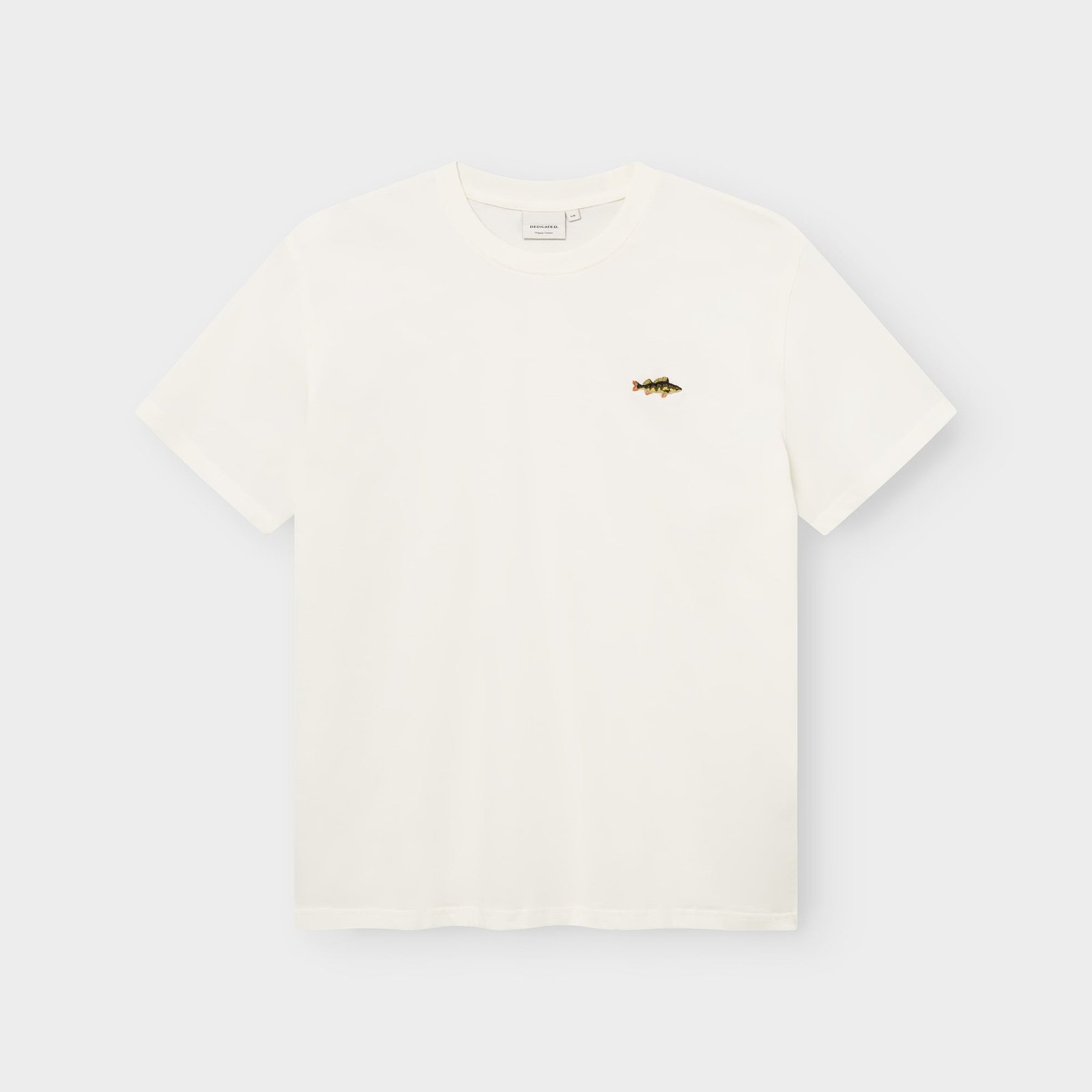 Flat lay of the off-white T-shirt Stockholm, featuring a cute little embroidered perch on the chest.