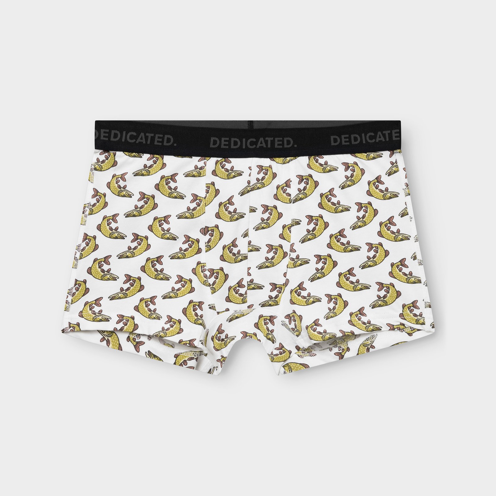 Flat lay shot of Dedicated's white Kalix boxer briefs, featuring a playful all-over print of yellow pike fish.