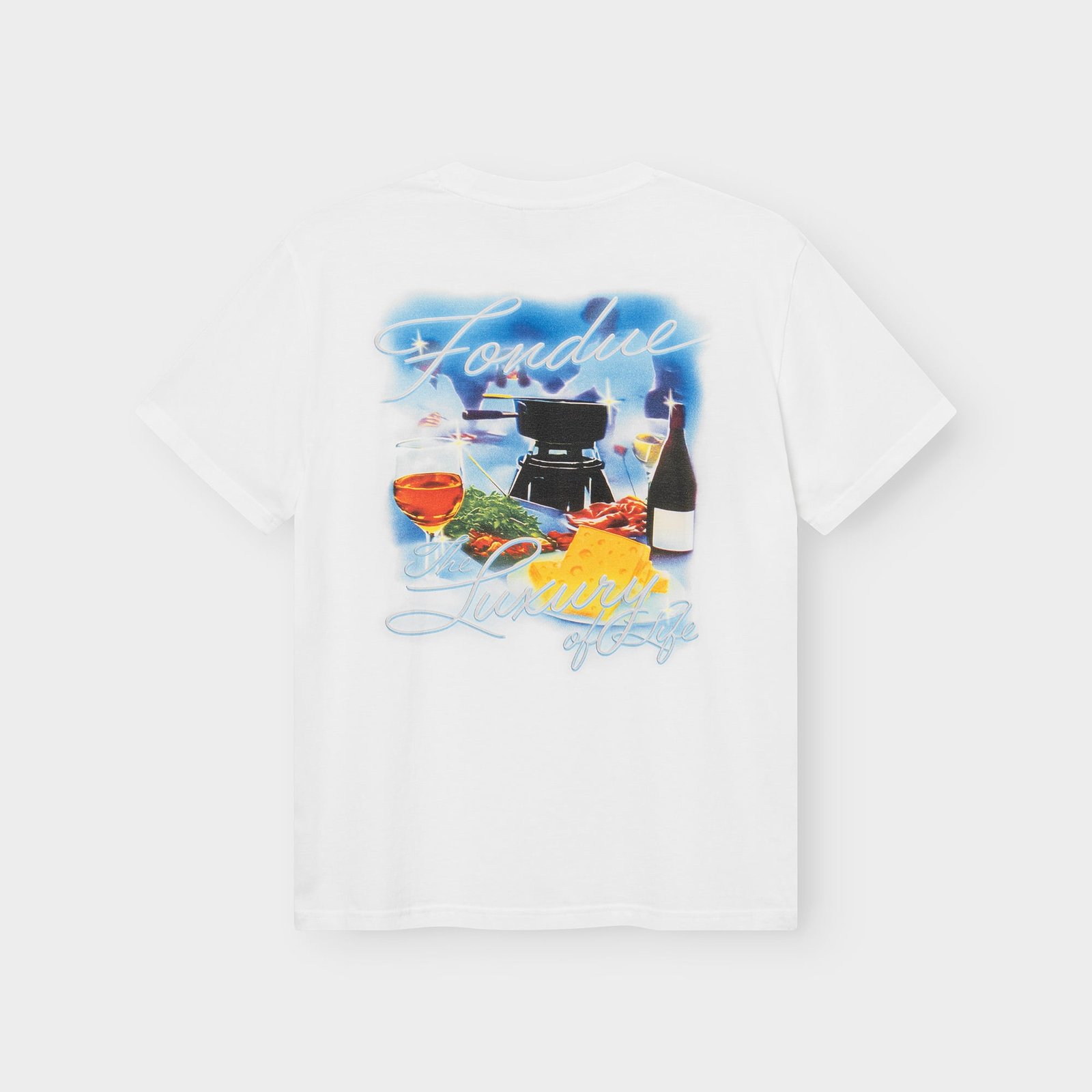 Back view of the white T-shirt Stockholm Fondue, showcasing its colorful retro-style graphic print.
