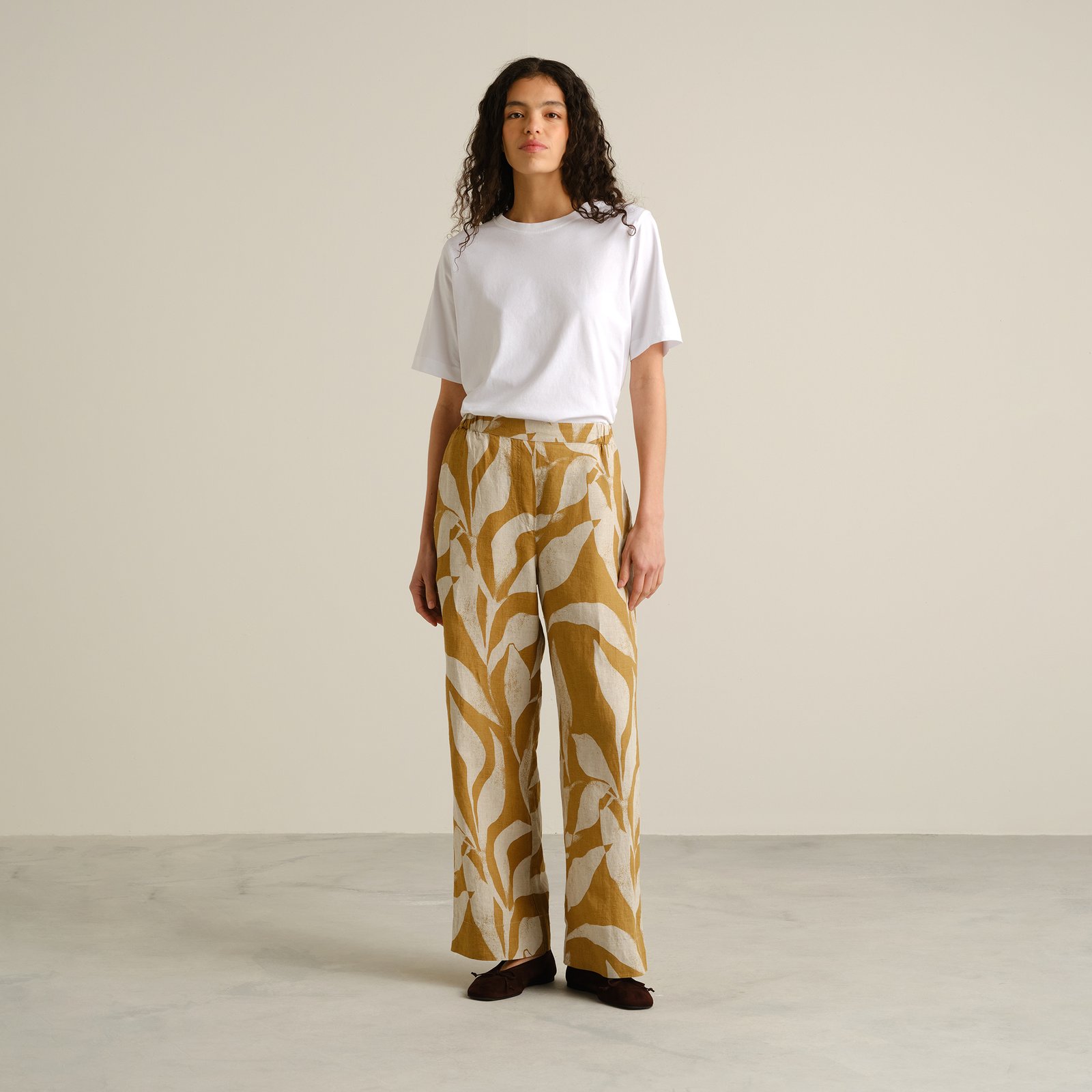 Pants Lansa Linen Abstract Leaf Bronze Yellow