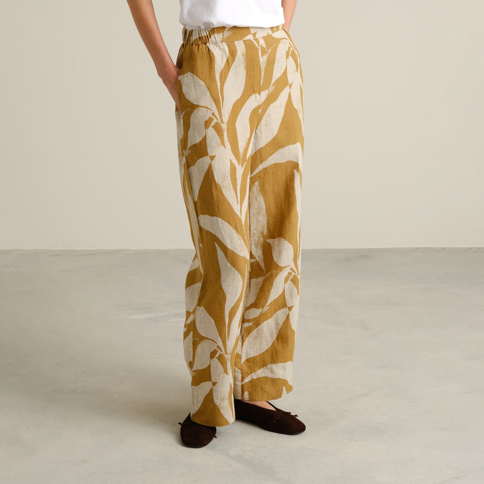 Pants Lansa Linen Abstract Leaf Bronze Yellow