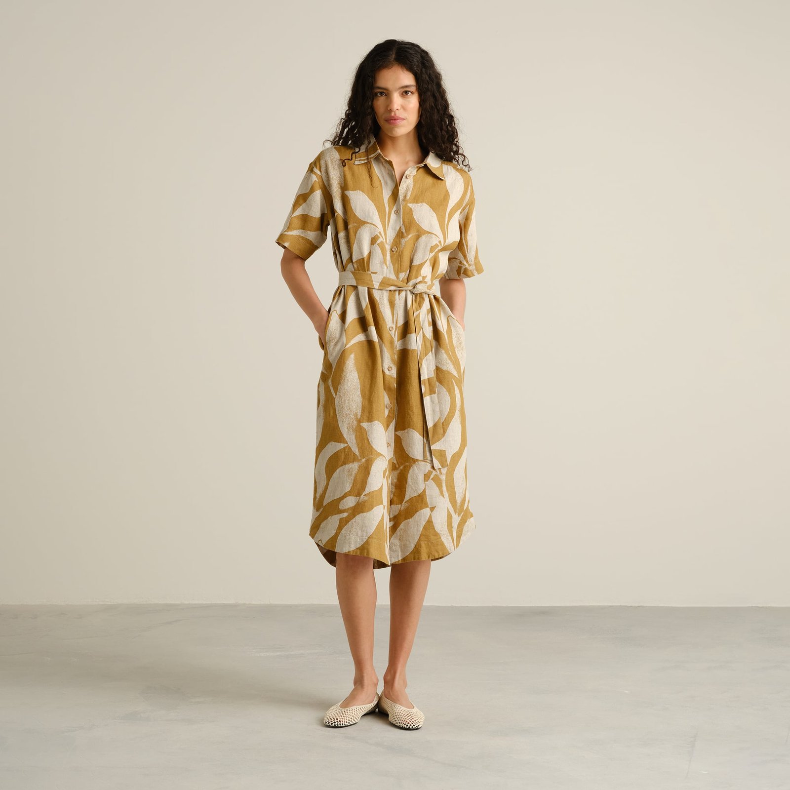 Shirt Dress Ripa Linen Abstract Leaf Bronze Yellow