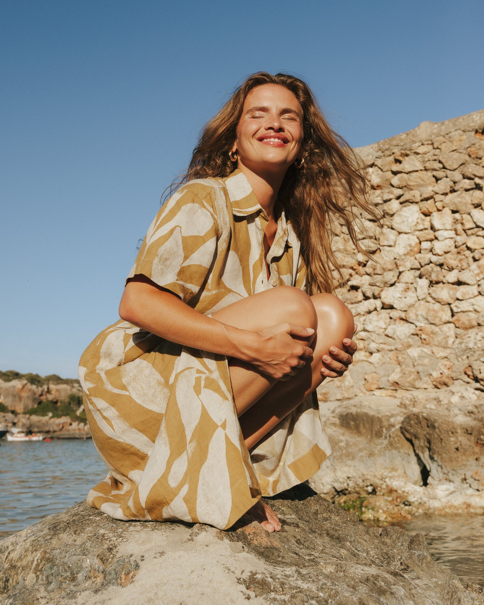 Shirt Dress Ripa Linen Abstract Leaf Bronze Yellow