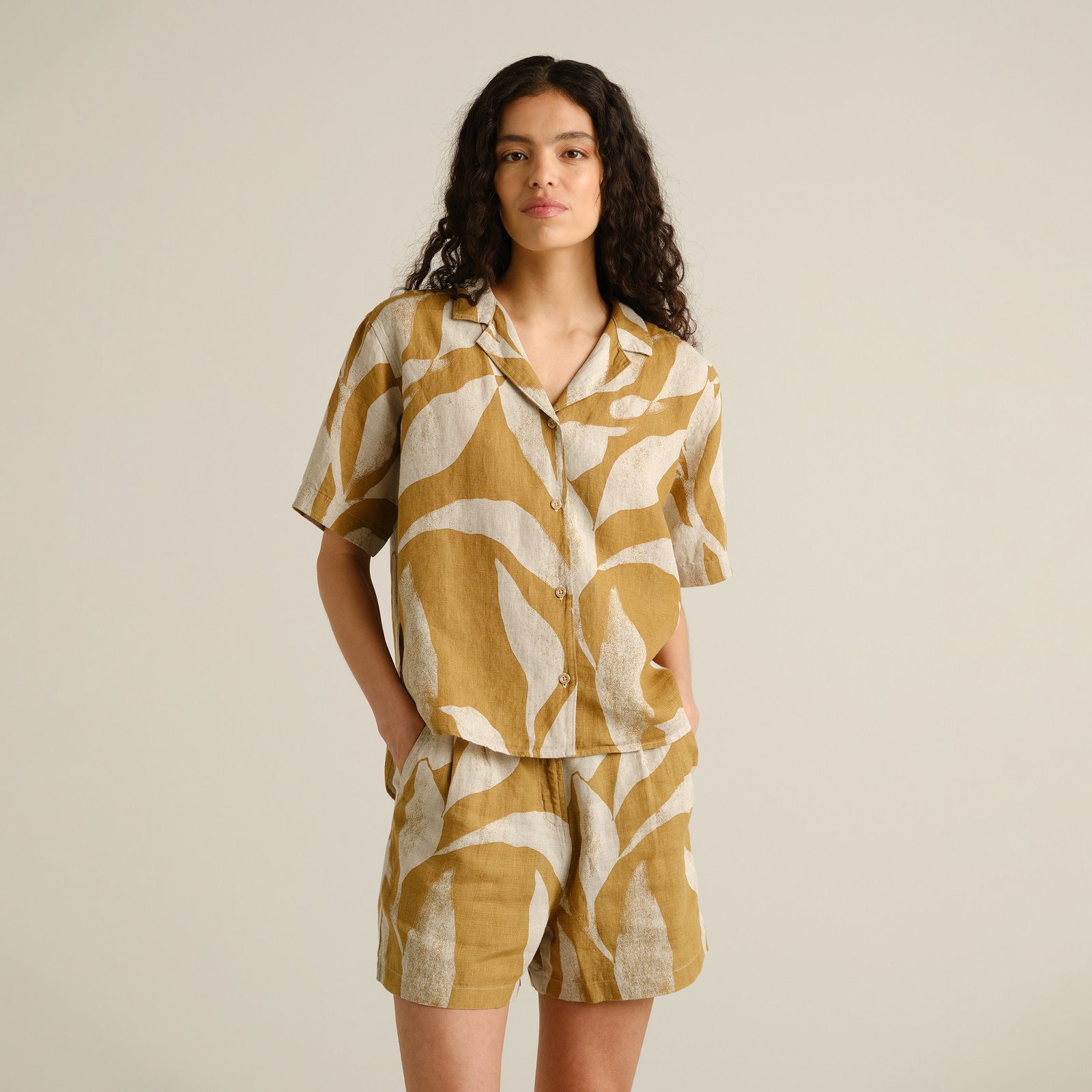 Shirt Torup Linen Abstract Leaf Bronze Yellow