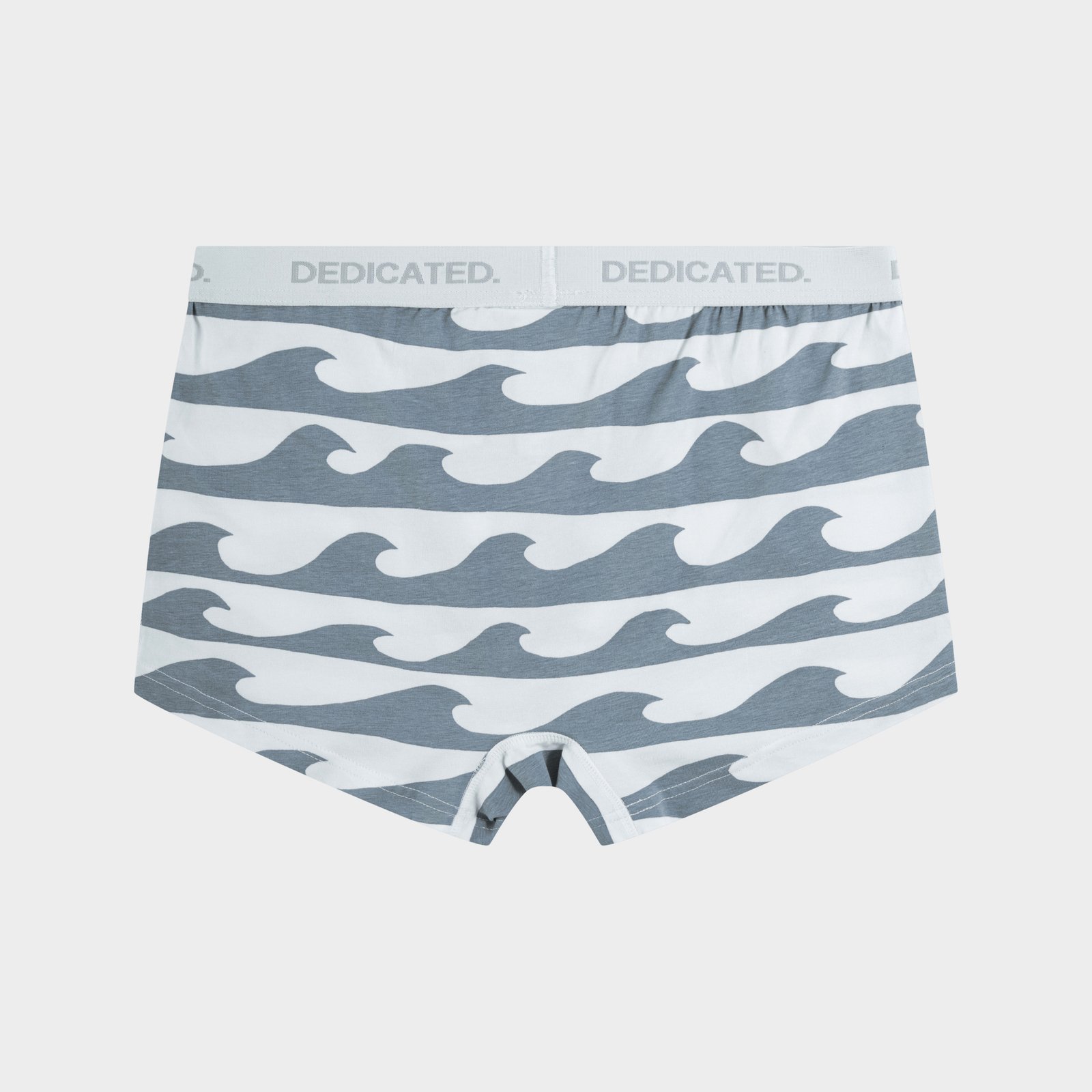 Flachgelegte Aufnahme der Rückseite der Kalix Boxershorts mit grau-weißem Wellenmuster.